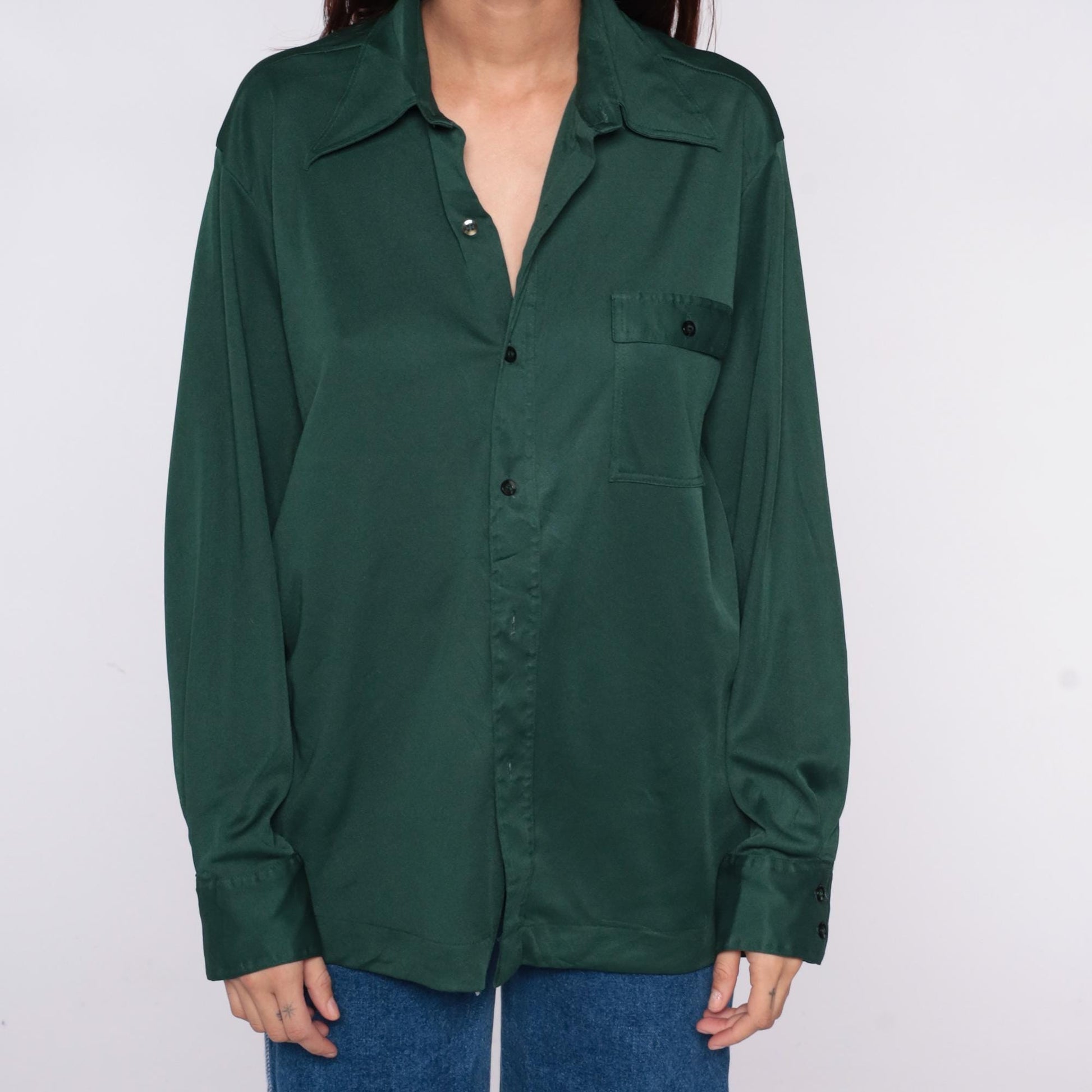 70s Joel Forest Green Button-Up Shirt Long Sleeve Chest Pocket Large