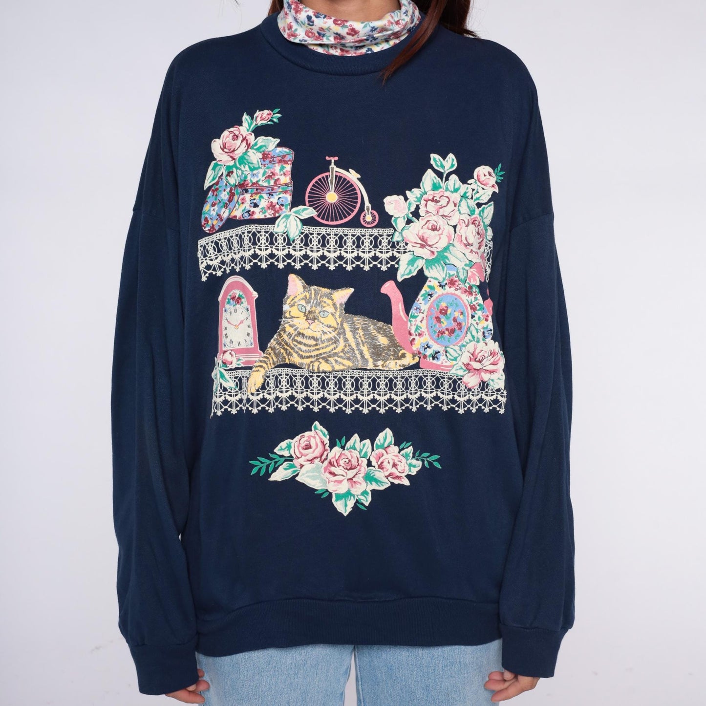 90s Act 3 Cat Sweatshirt Navy Blue Floral Turtleneck Graphic Extra Large XXL
