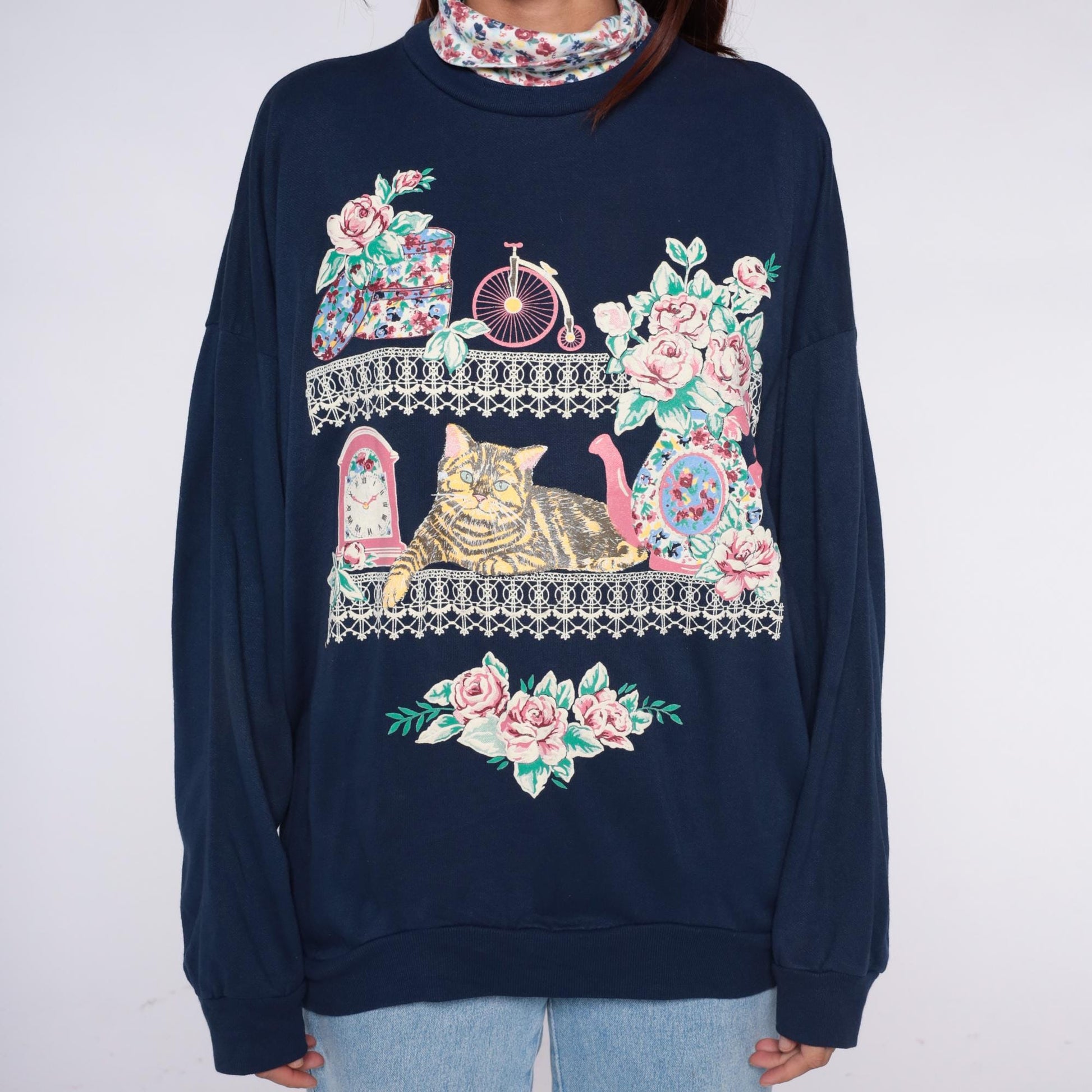 90s Act 3 Cat Sweatshirt Navy Blue Floral Turtleneck Graphic Extra Large XXL