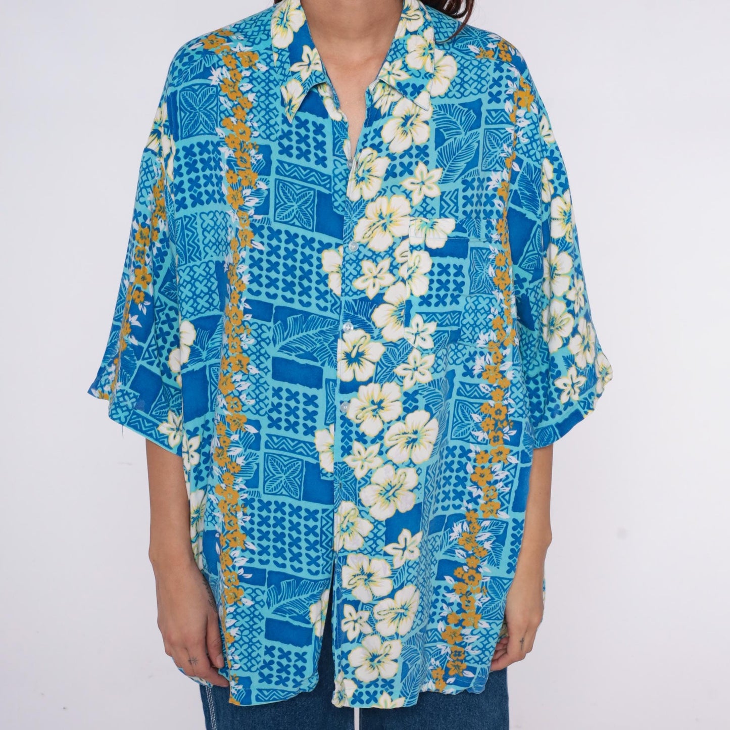 90s Hawaiian Shirt Blue Hibiscus Floral Geometric Print Unisex Extra Large XL
