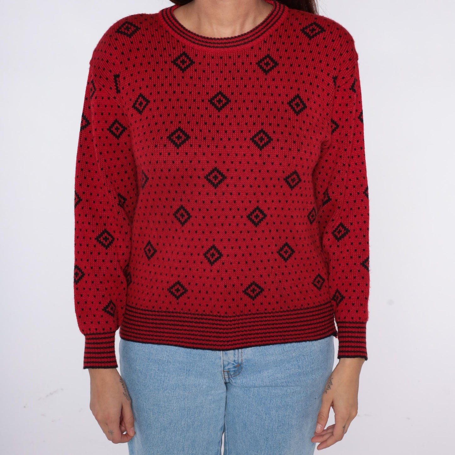 80s Red Geometric Diamond Sweater Black Dot Crew Neck Knit Small S