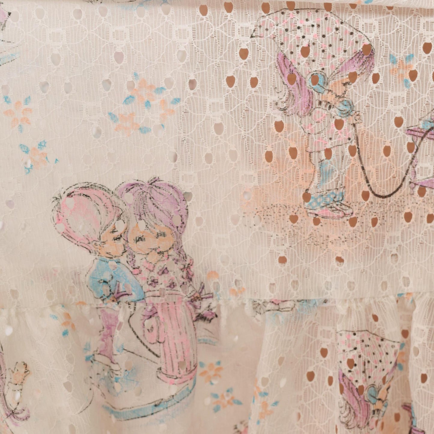 70s White Eyelet Maxi Dress Kawaii Children Print Puff Sleeve Small