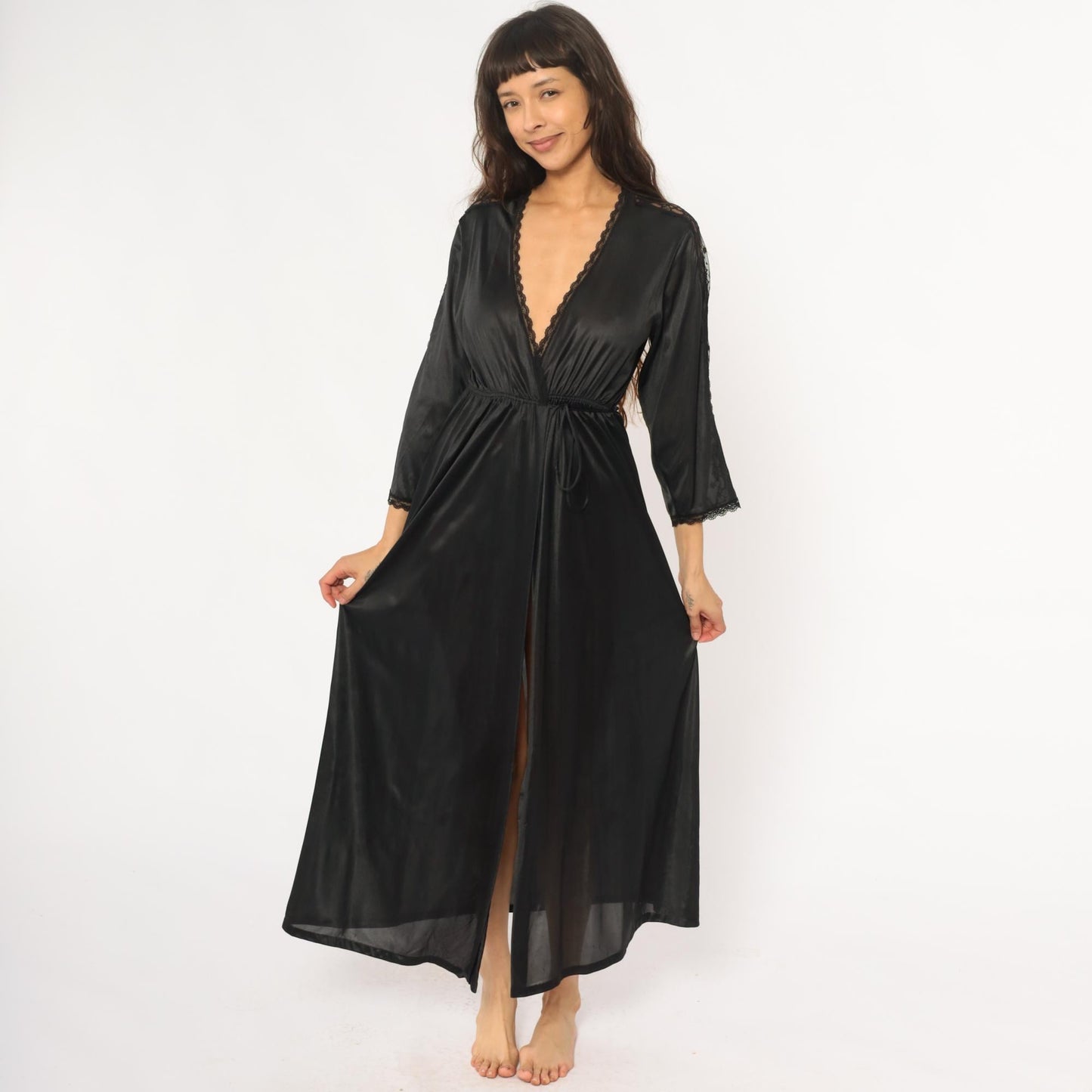 70s Black Nylon Lace Robe Maxi Wrap Front Deep V Neck Tie Waist Small