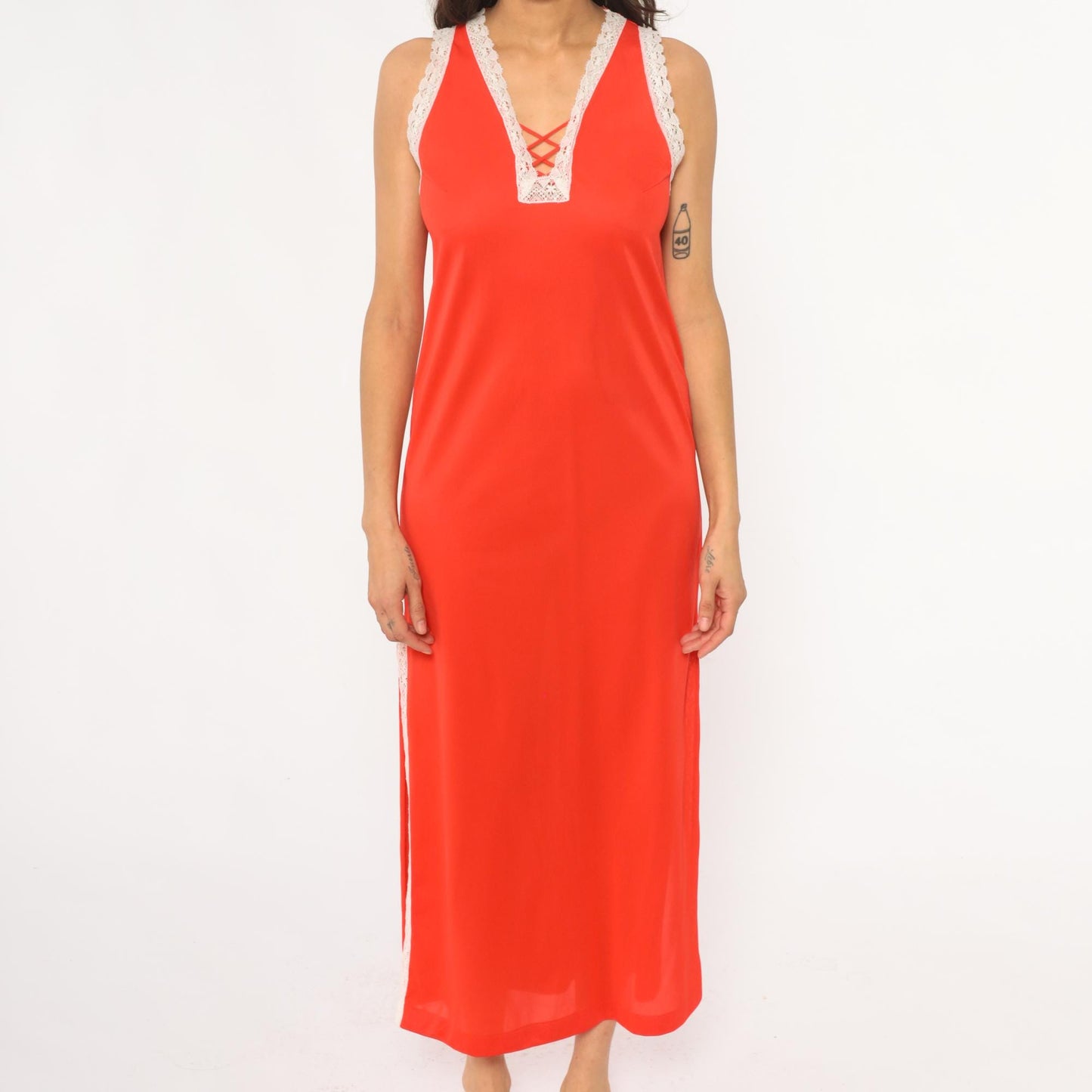 70s Coral Maxi Slip Dress Lace-Up Corset Front White Lace Trim Small