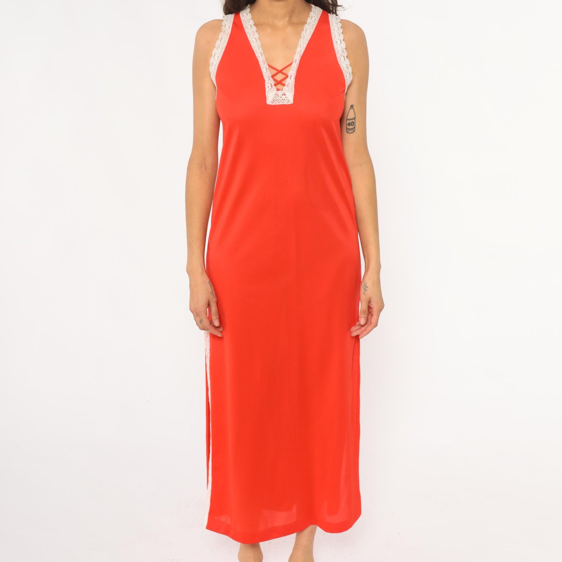 70s Coral Maxi Slip Dress Lace-Up Corset Front White Lace Trim Small
