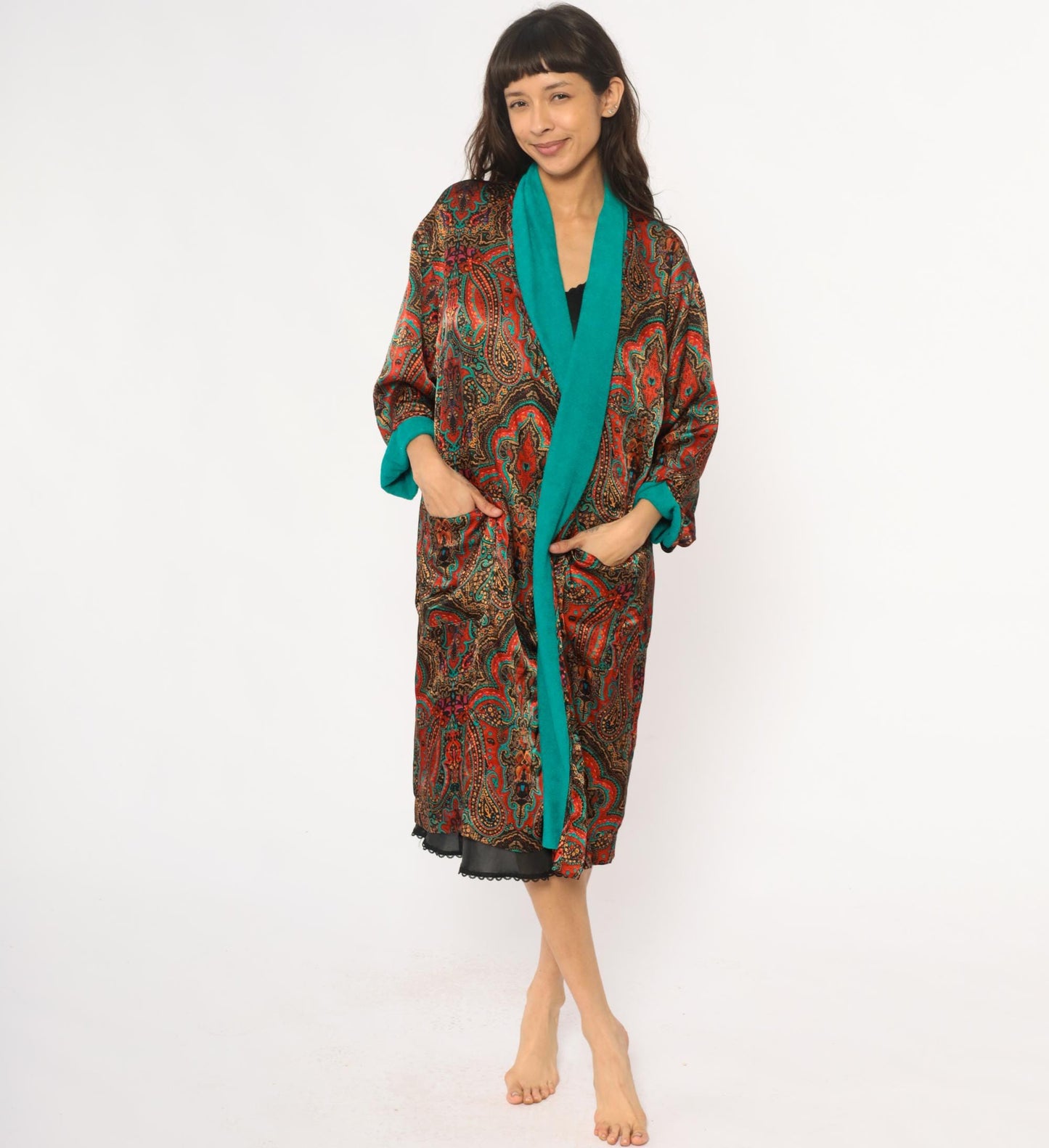 80s Paisley Terrycloth Robe Turquoise Orange Black Lace Trim Knee Length Large