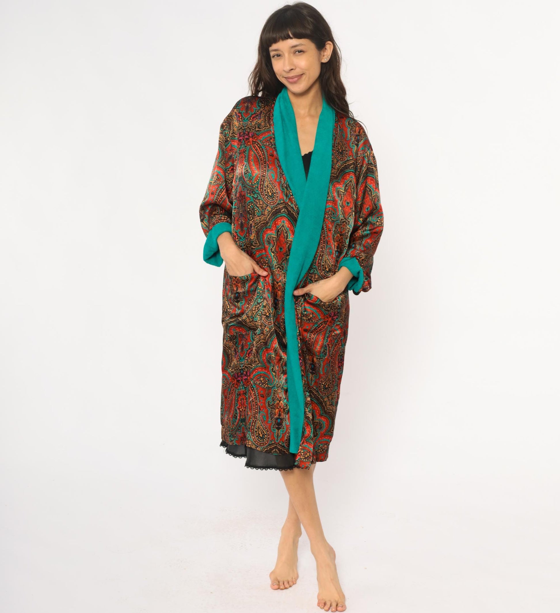 80s Paisley Terrycloth Robe Turquoise Orange Black Lace Trim Knee Length Large