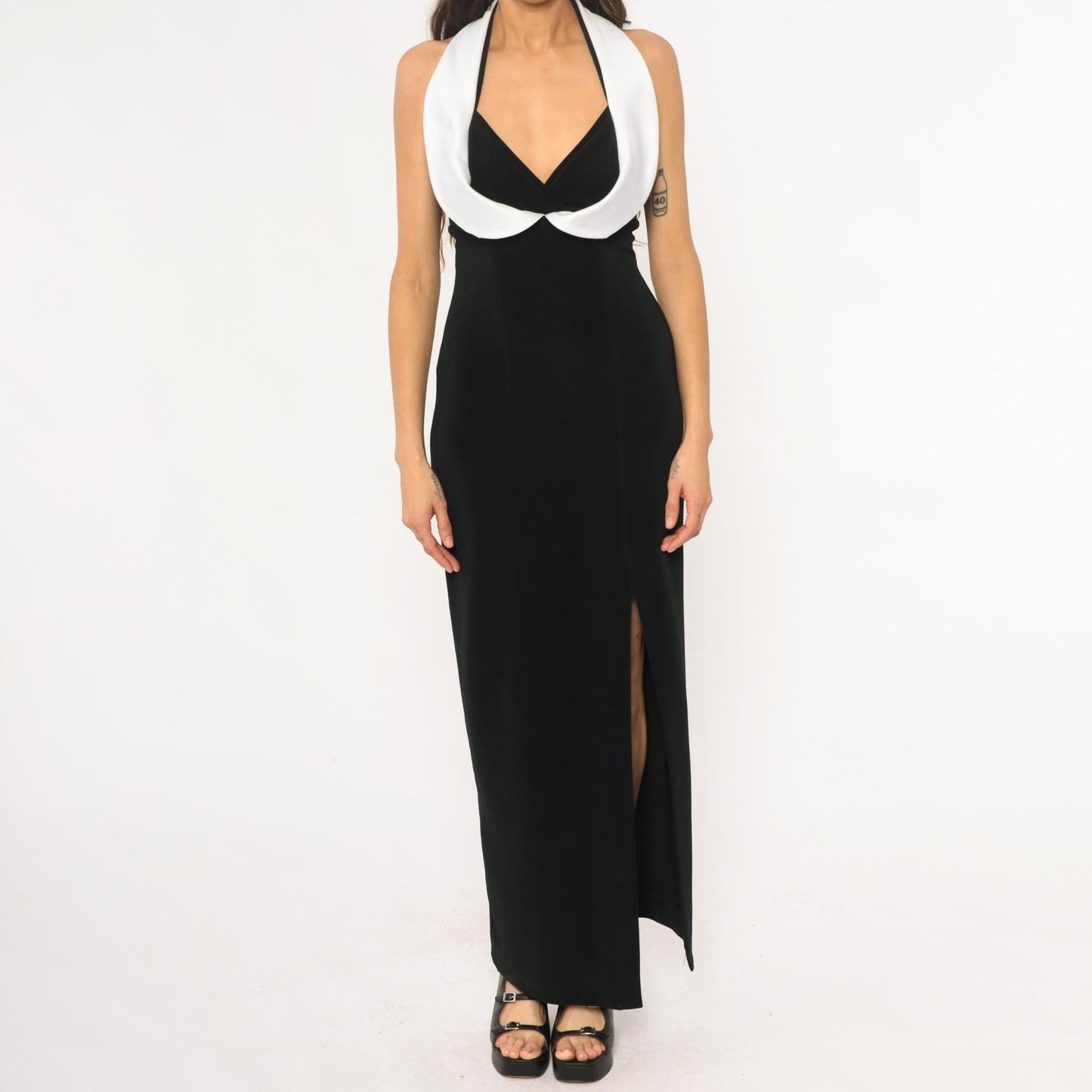 90s Cache Black Halter Maxi Dress White Collar Open Back Small S
