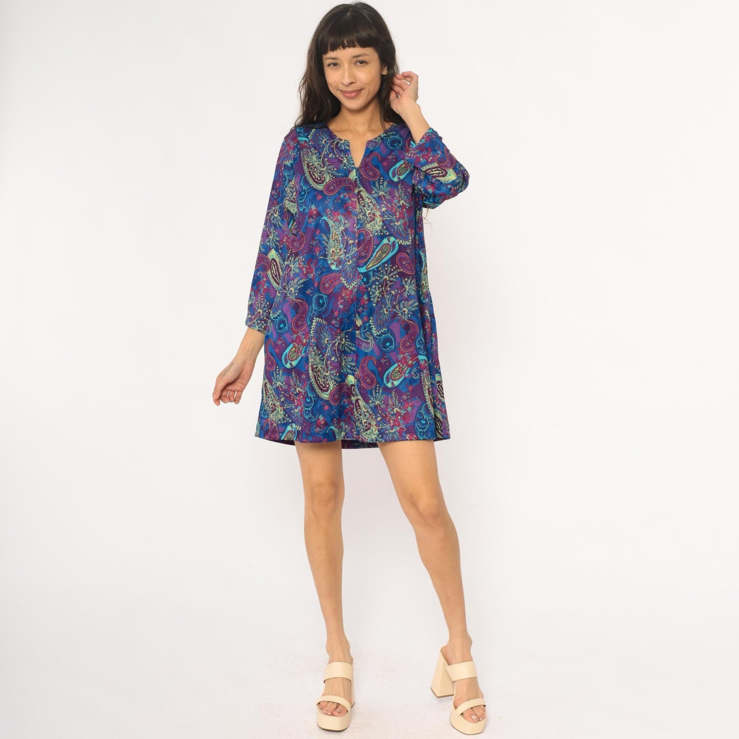 80s Paisley Shift Dress V-Neck Three-Quarter Sleeve Knee Length Large L