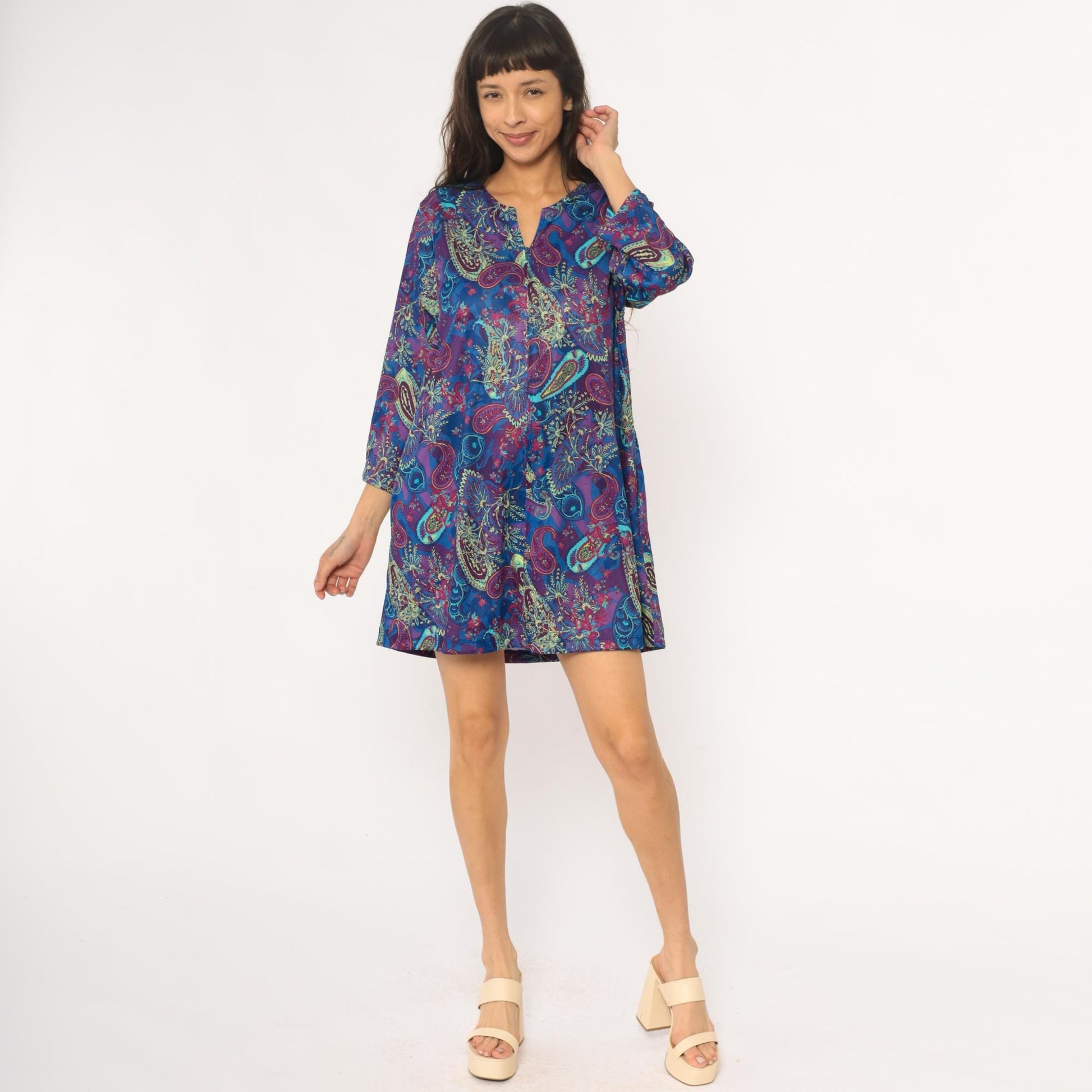 80s Paisley Shift Dress V-Neck Three-Quarter Sleeve Knee Length Large L
