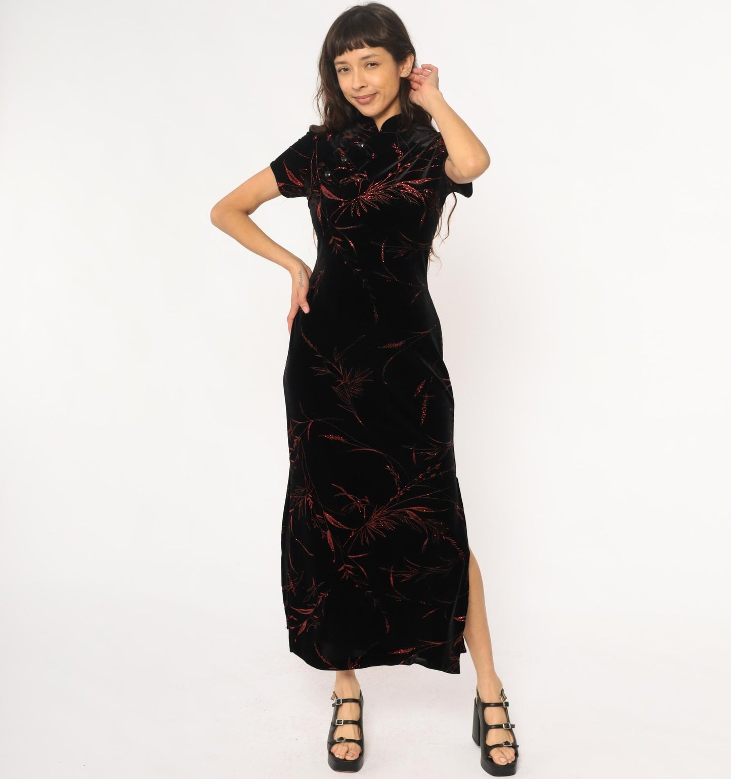 Y2K Black Velvet Maxi Dress Red Floral Cheongsam Mandarin Collar Small S