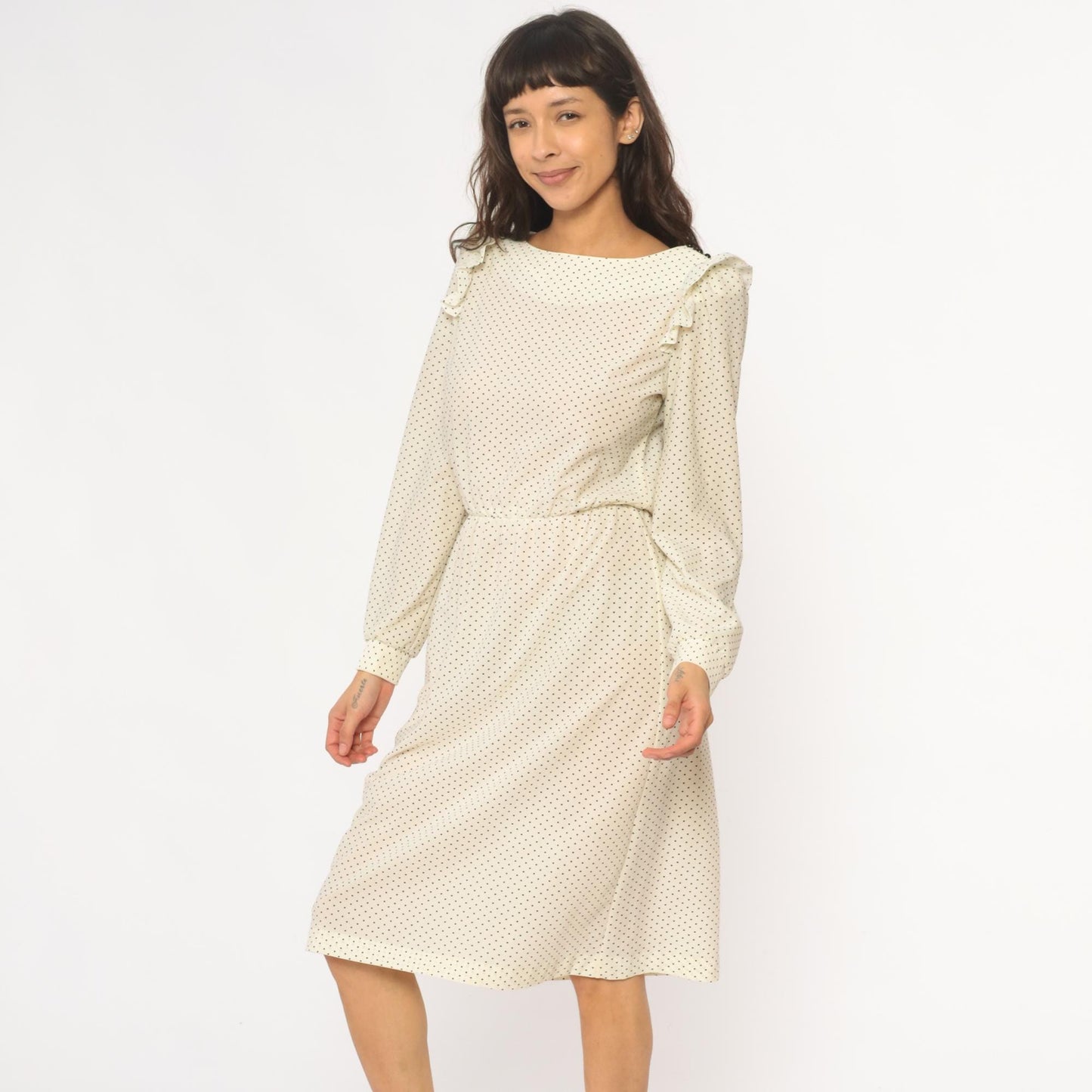 80s Ivory Polka Dot Midi Dress Ruffled Collar Long Sleeve Medium M