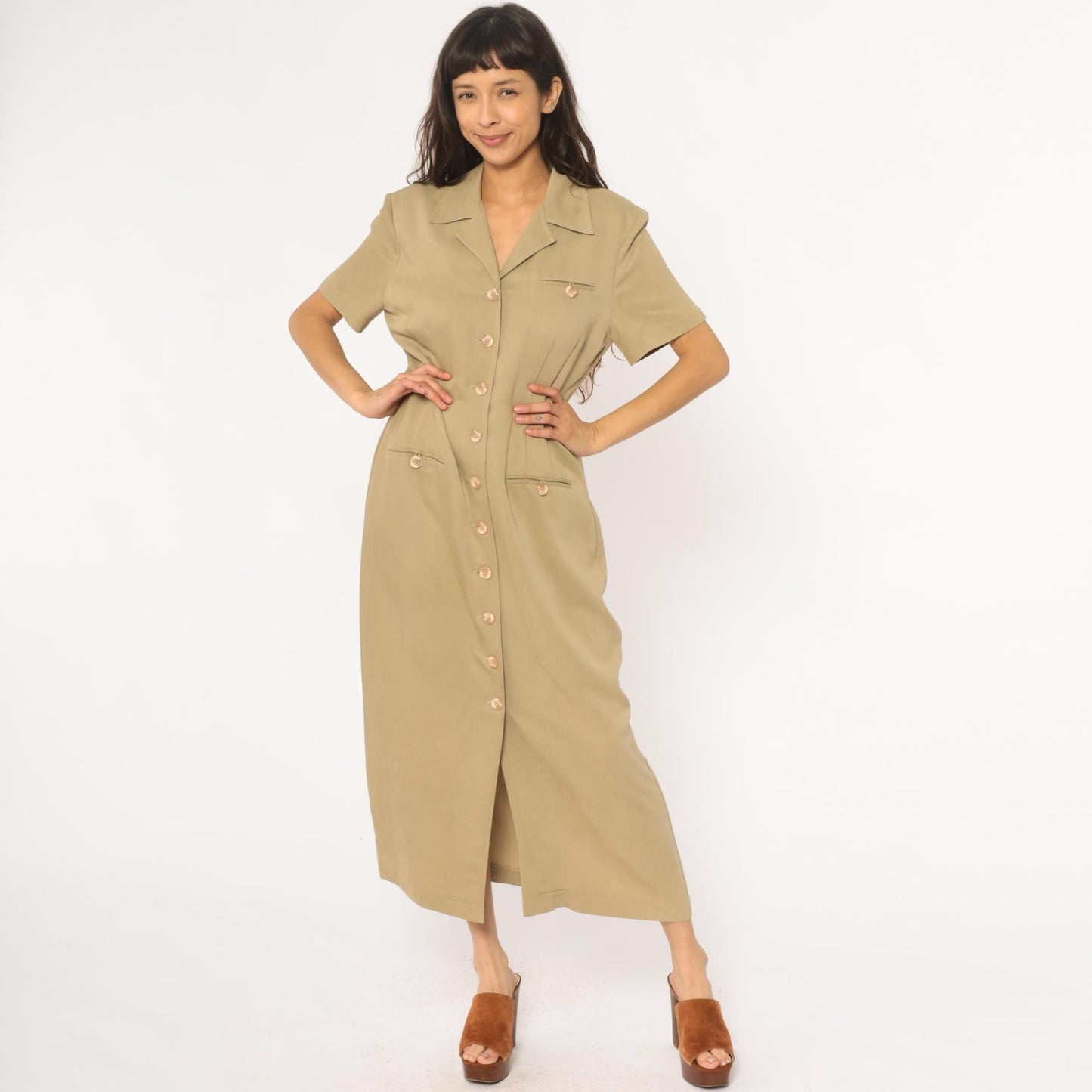 90s Jessica Howard Tan Maxi Shirt Dress Collared Button Front Medium