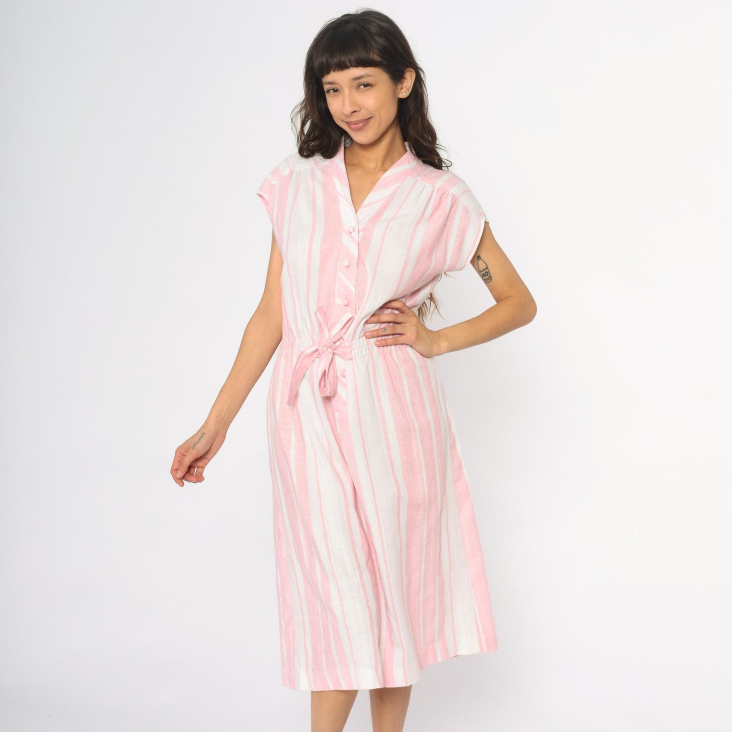 80s Murray Meisner Pink Striped Midi Dress Button Front V-Neck Small