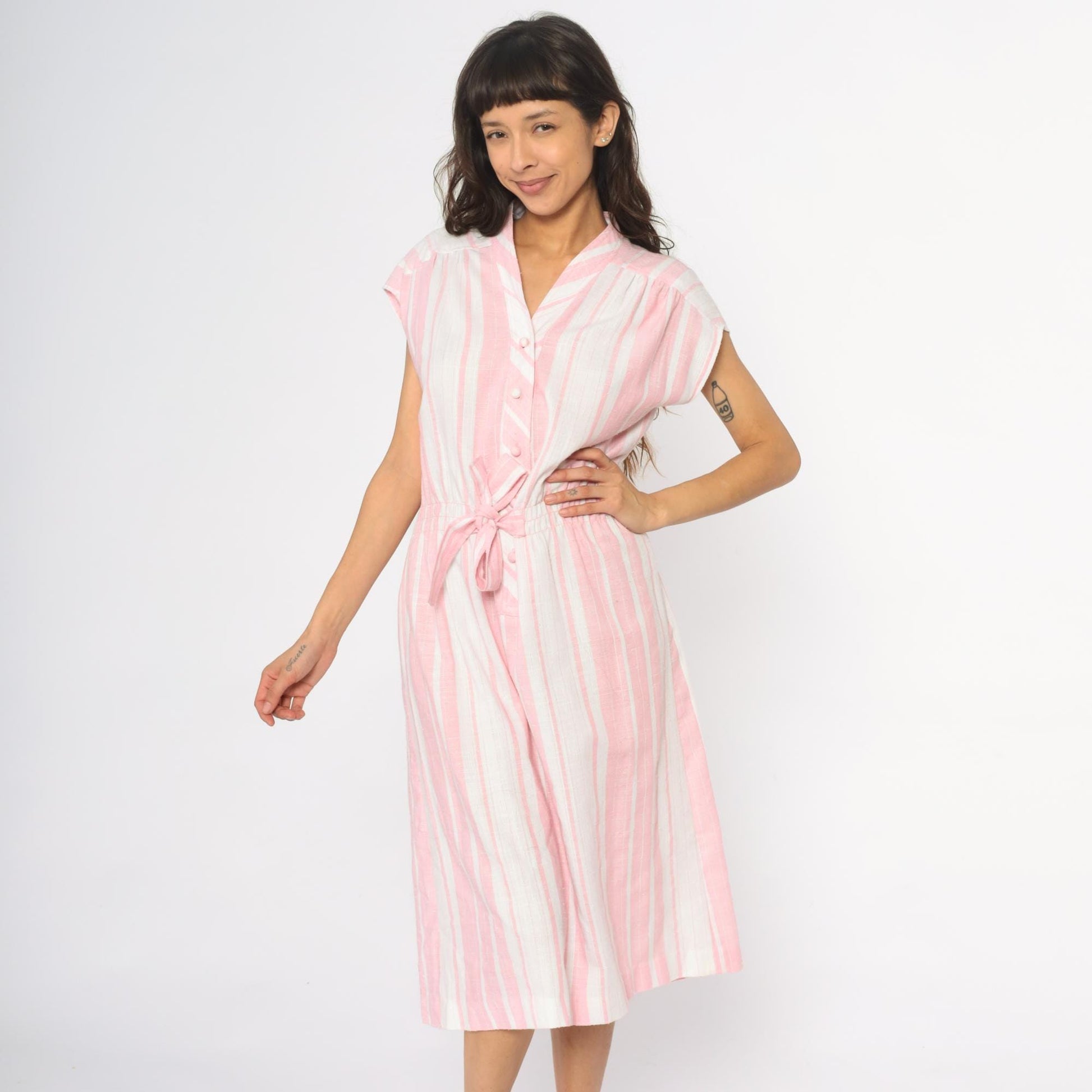 80s Murray Meisner Pink Striped Midi Dress Button Front V-Neck Small