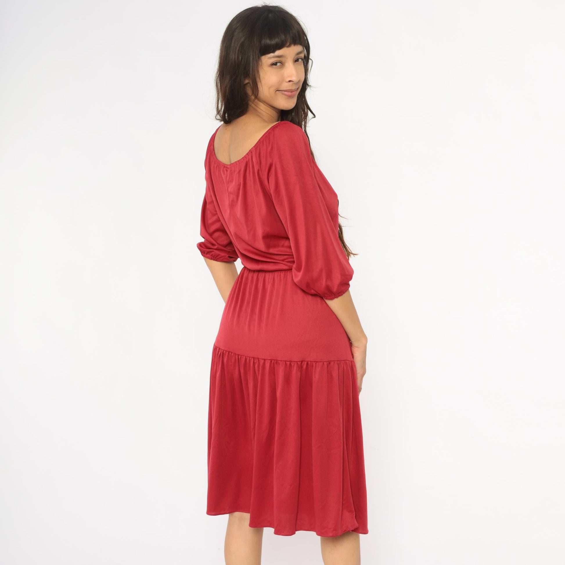 70s Cranberry Red Midi Dress Prairie Peasant Tiered Ruffle Drawstring Small Medium