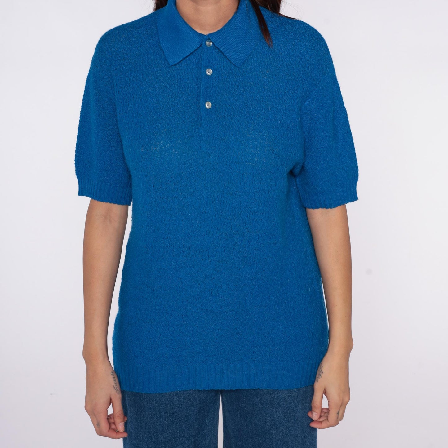 70s Wintuk Continental Blue Polo Shirt Ribbed Knit Small