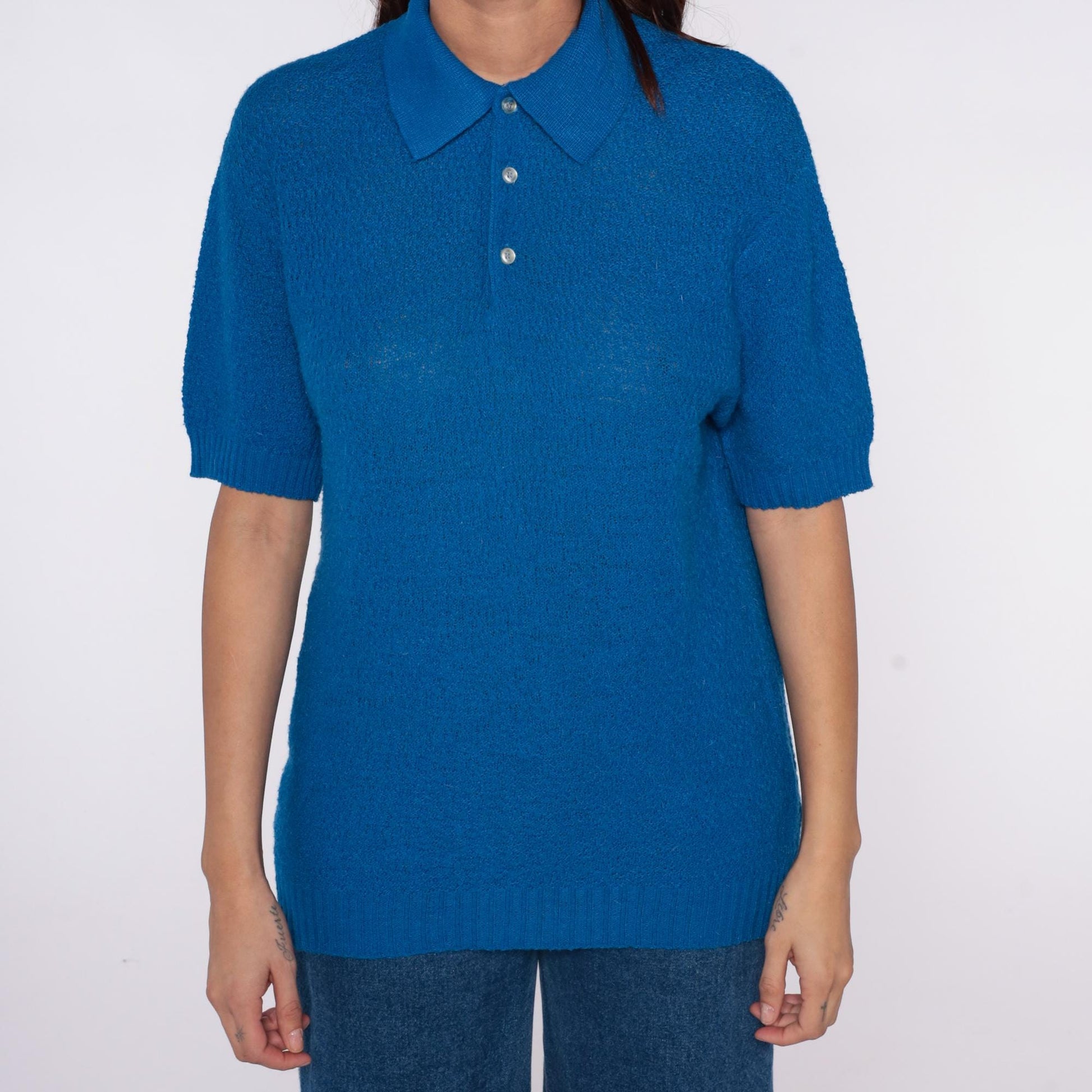 70s Wintuk Continental Blue Polo Shirt Ribbed Knit Small