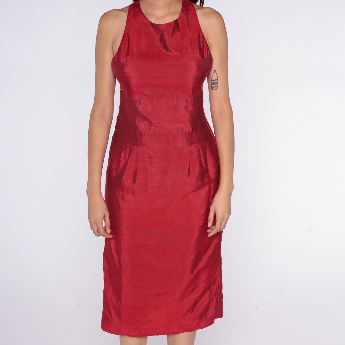 90s Crimson Halter Dress Cross-Back Knee Length Sleeveless Small