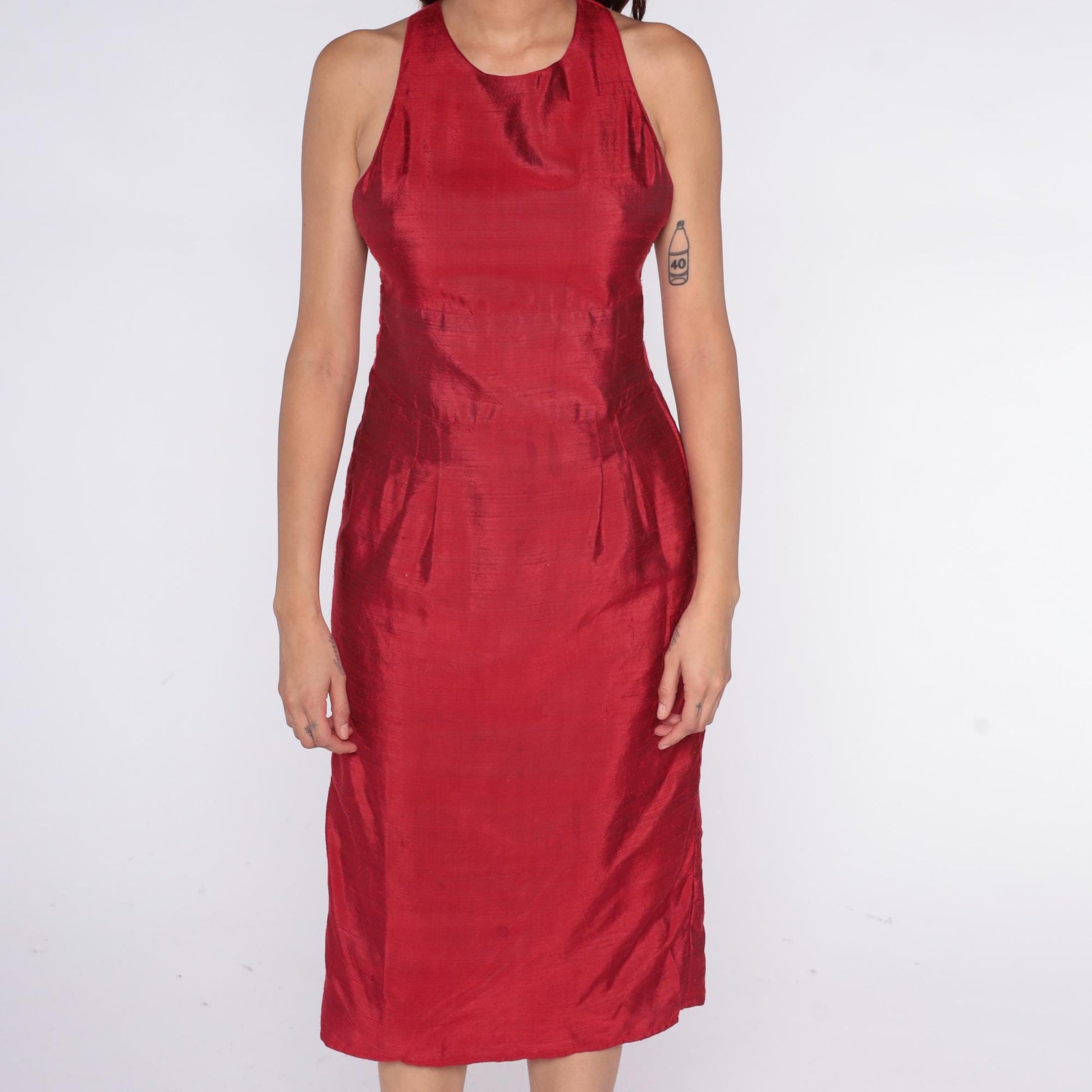 90s Crimson Halter Dress Cross-Back Knee Length Sleeveless Small