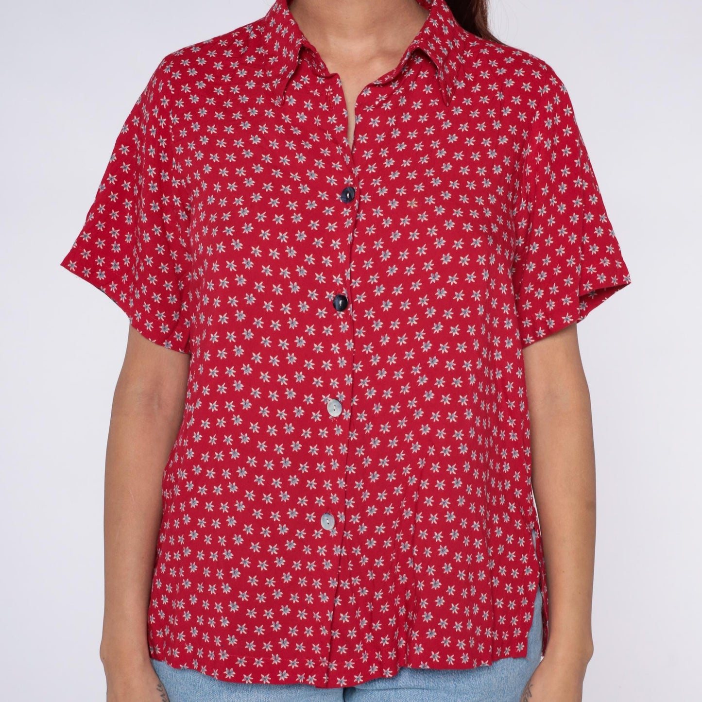90s Clio Petites Red Floral Button-Down Shirt White Ditsy Print Large