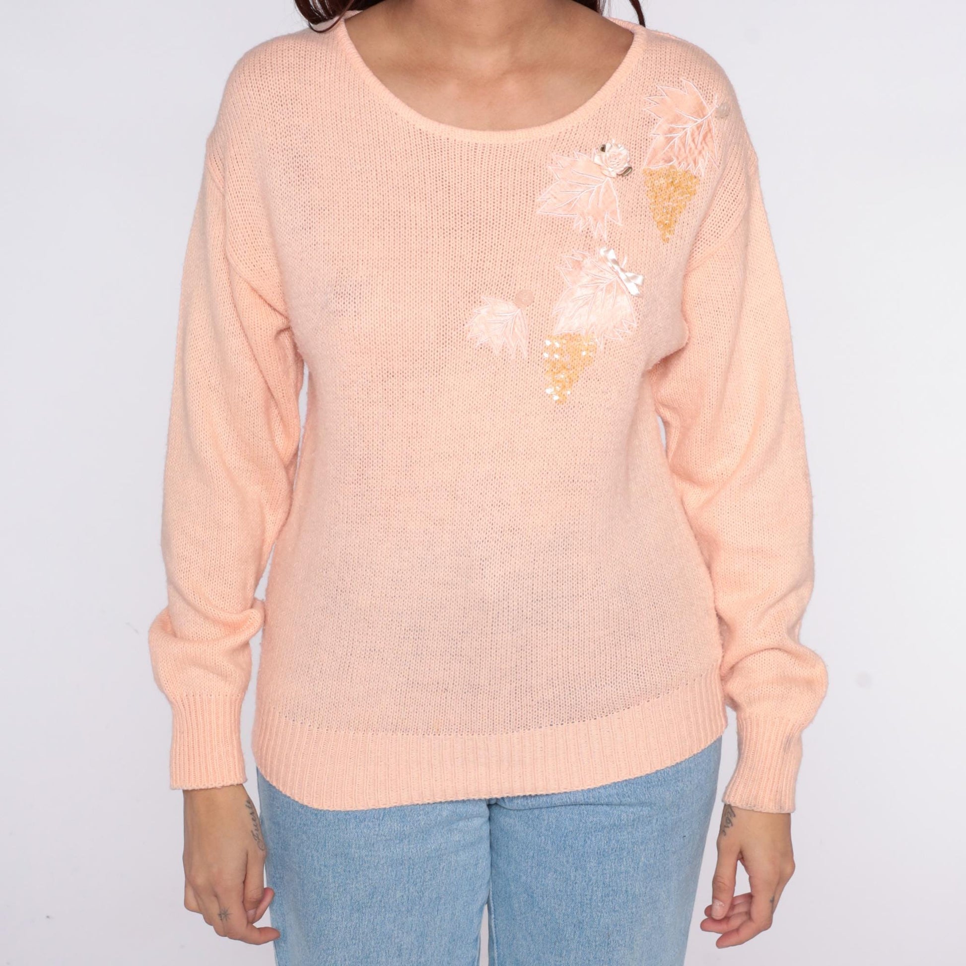 80s Peach Sequin Floral Sweater Sheridan Square Knit Pullover Small S