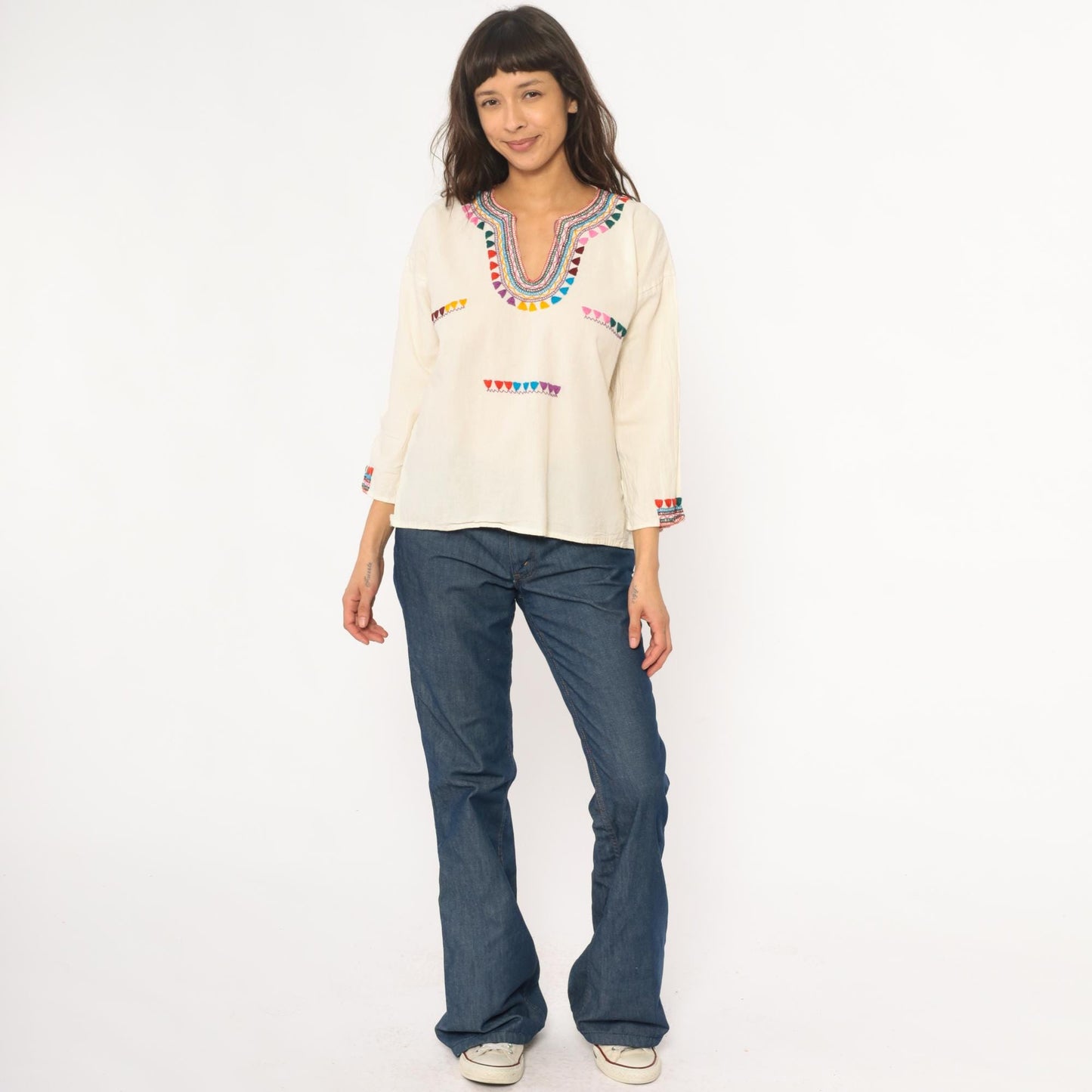 70s Embroidered Mexican Cotton Tunic Blouse Cream Multicolor Medium M