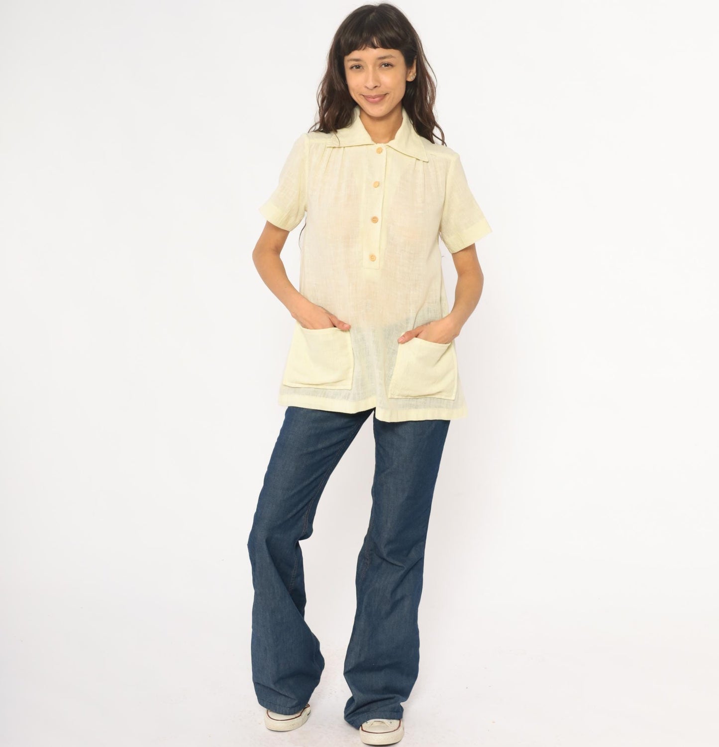 70s Pale Yellow Collared Shirt Pintuck Pleated Camp Blouse Medium M