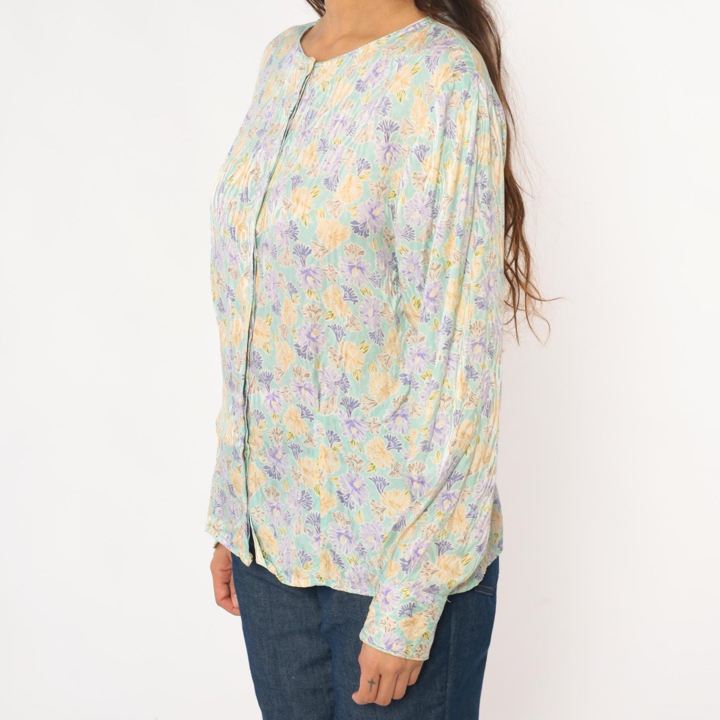 80s Evan Picone Silk Floral Blouse Mint Green Puff Sleeve Large L