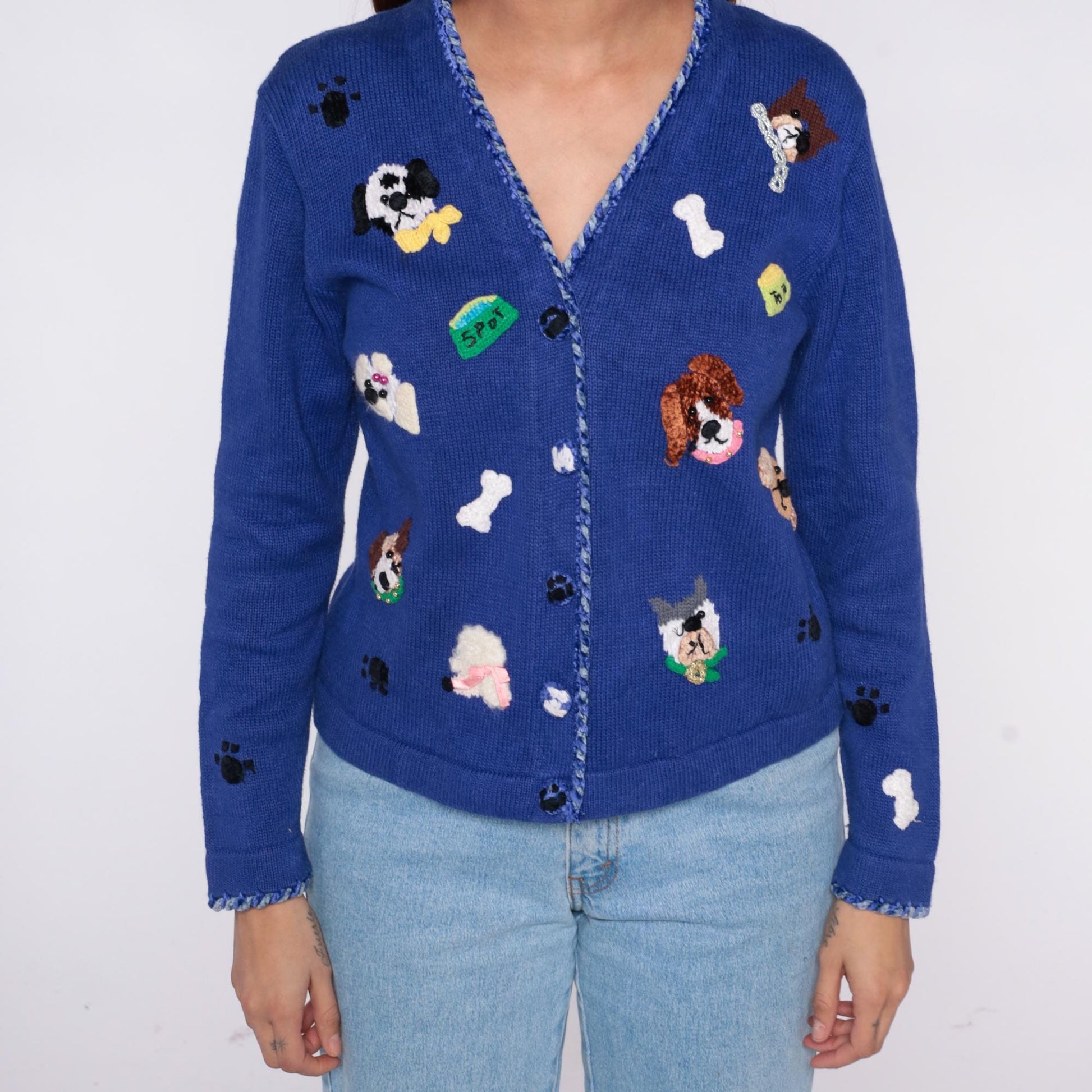 90s Jack B. Quick Dog Cardigan Blue Embroidered Puppy Paw Print Small