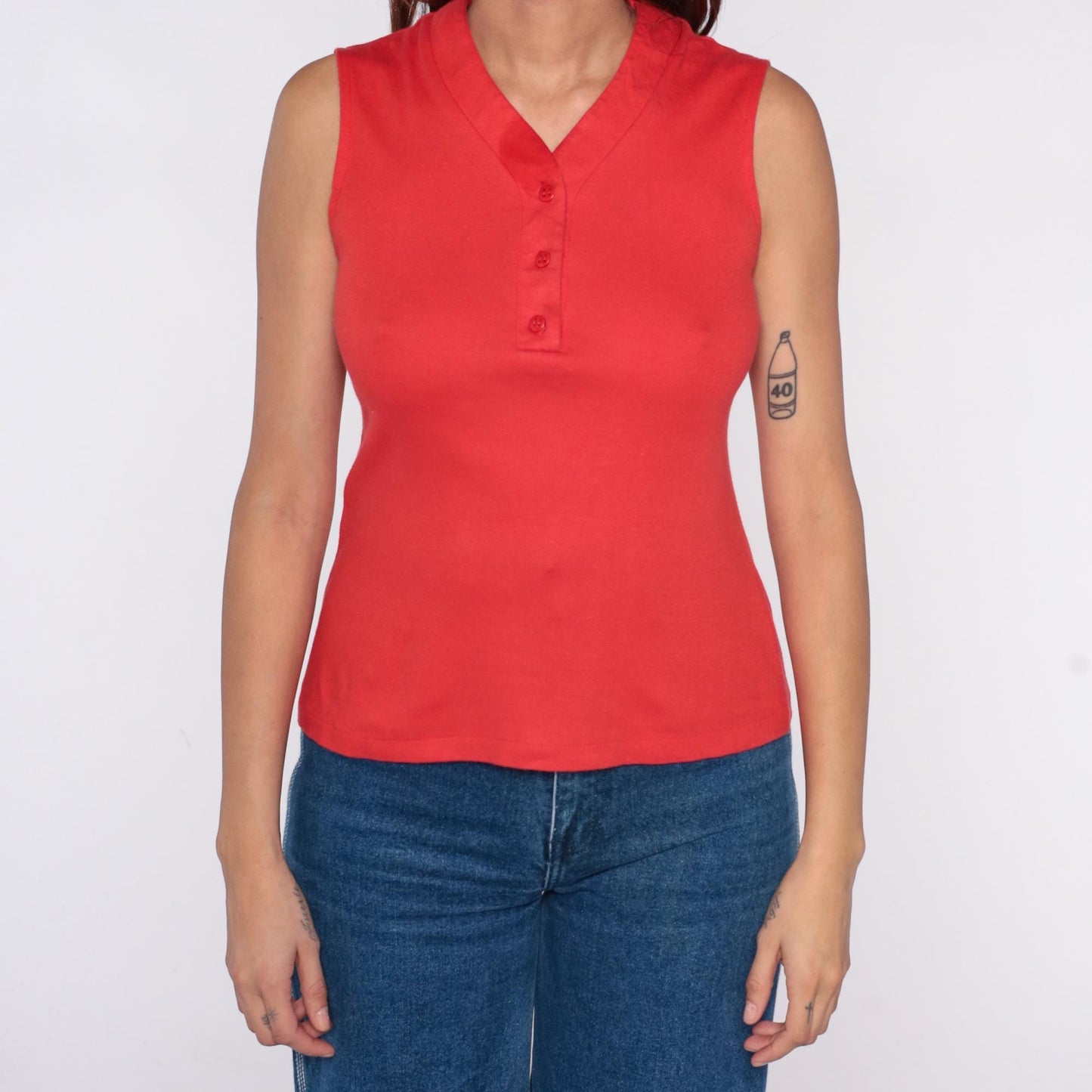 70s Catalina Sportswear Red Polo Tank V-Neck Collared Button Front Small