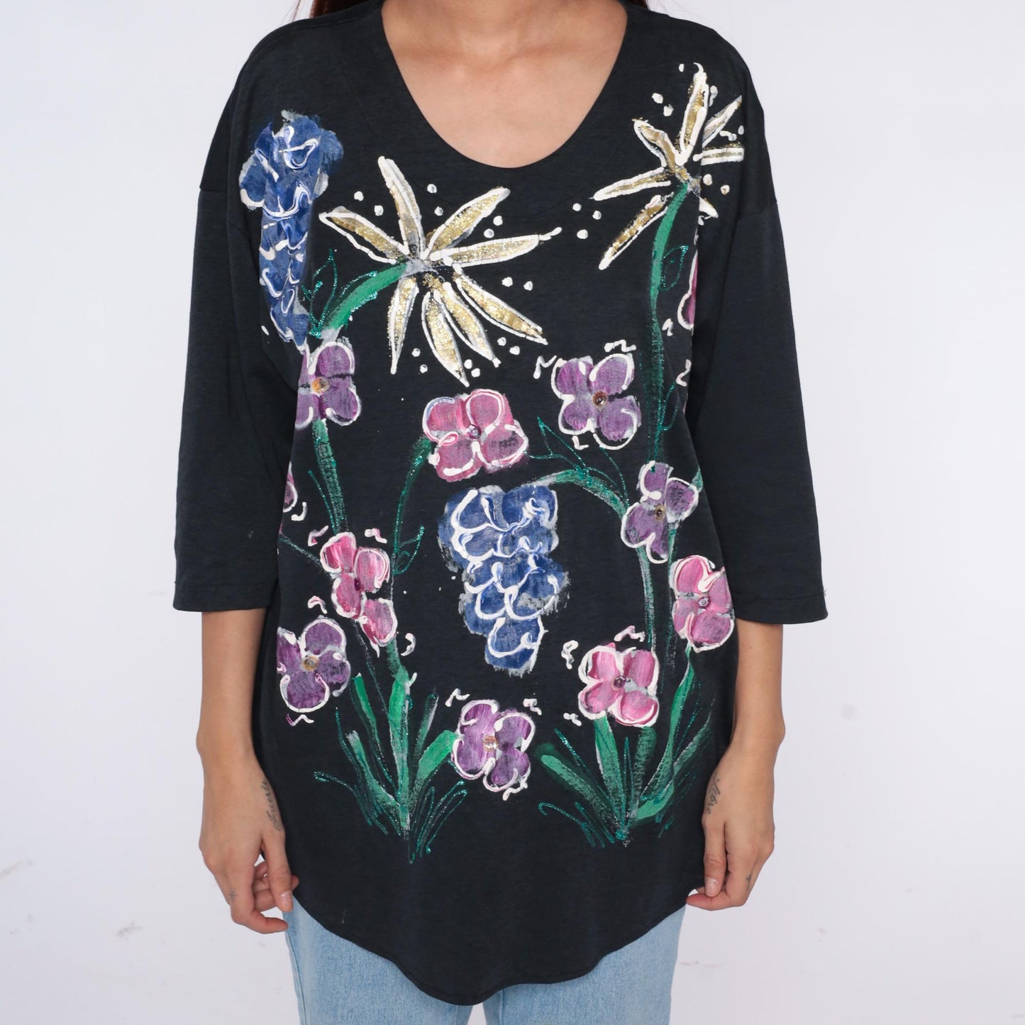 90s Baldot Hand-Painted Floral Black Cotton Tunic Medium M