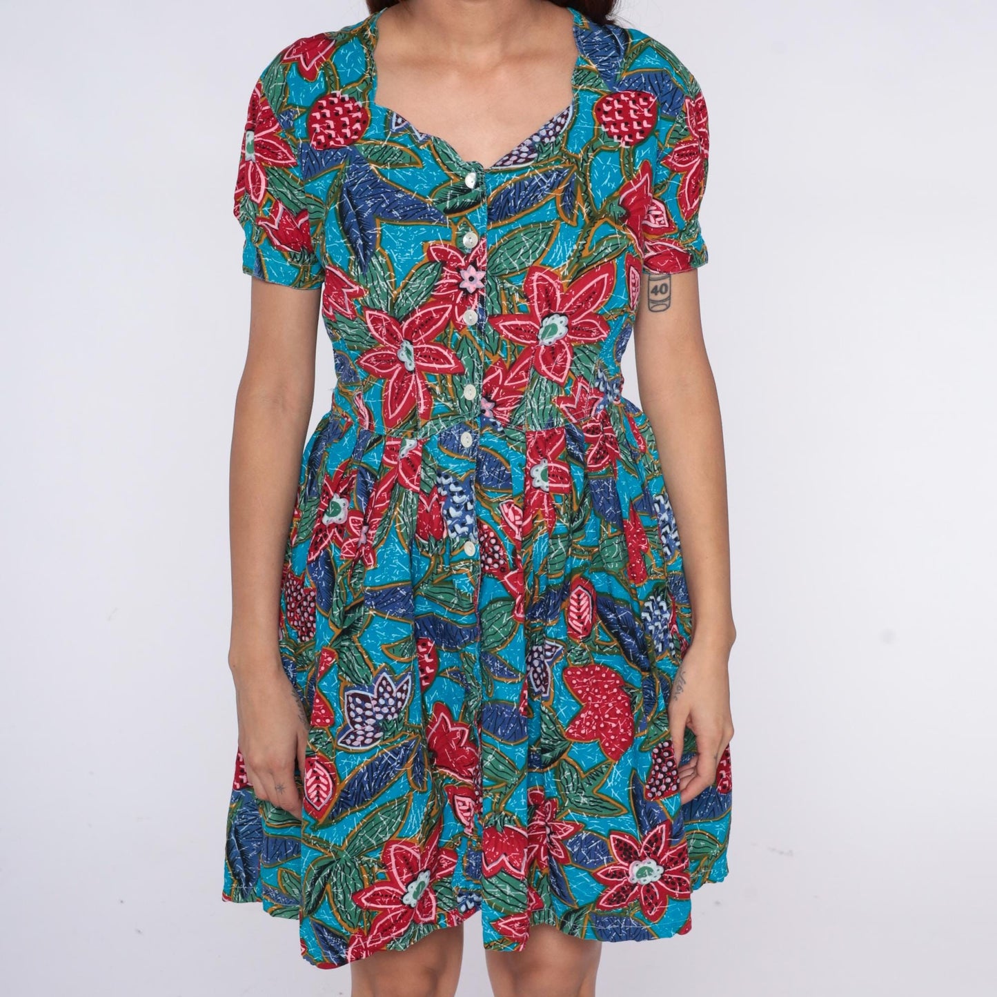 90s Regarde! Tropical Floral Cotton Dress Puff Sleeve Turquoise Small