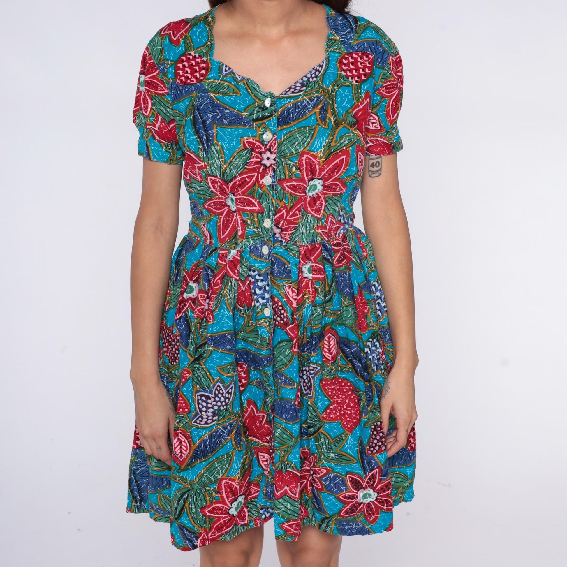 90s Regarde! Tropical Floral Cotton Dress Puff Sleeve Turquoise Small