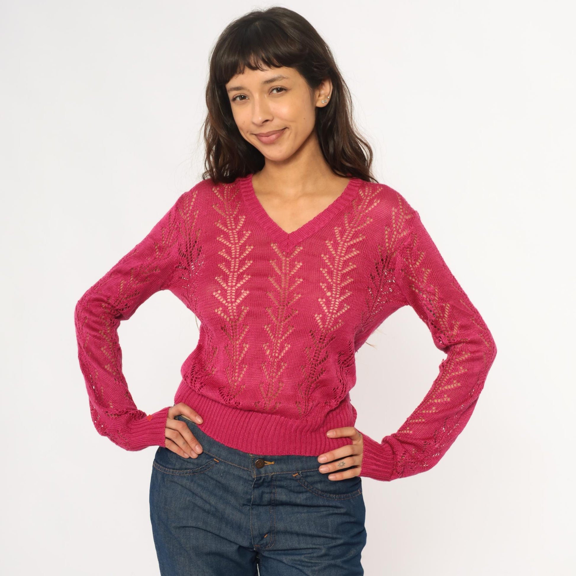 70s Alice Kim Hot Pink Pointelle Knit Sweater Chevron V-Neck Small