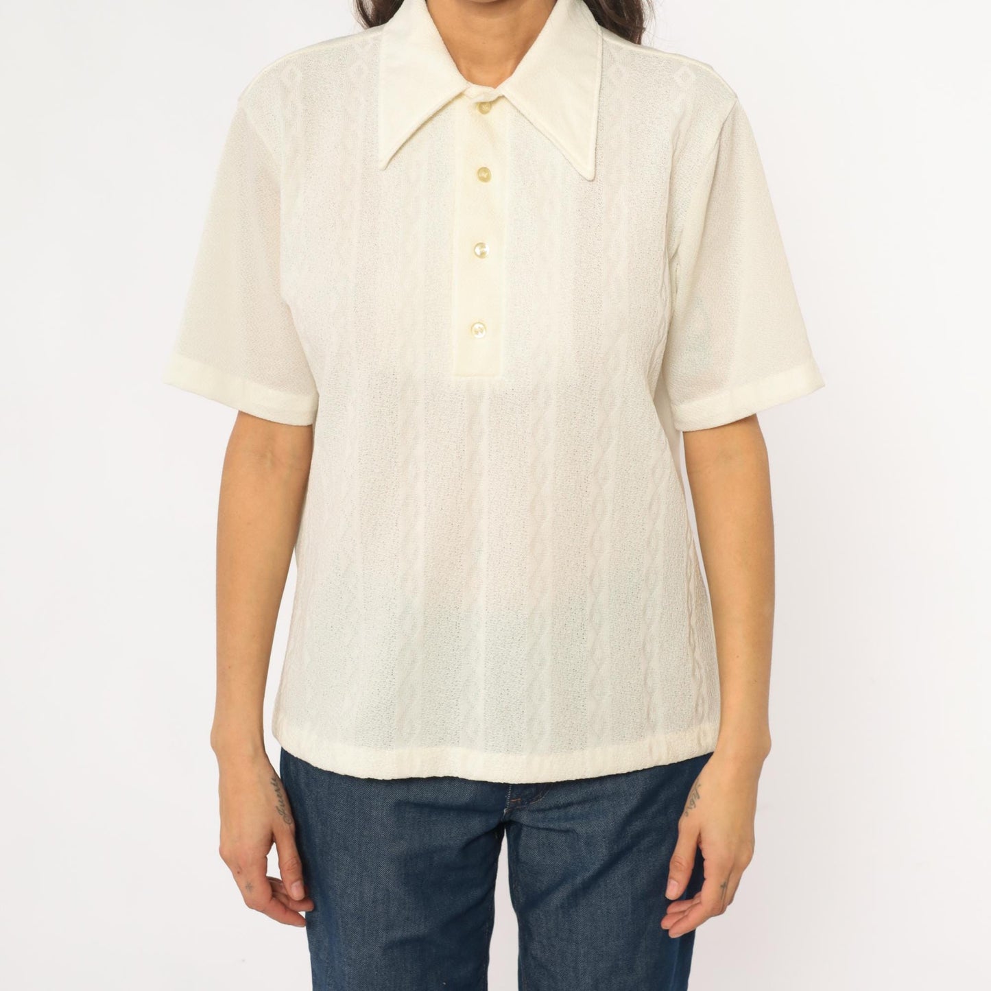 70s JC Penney Towncraft Cream Polo Blouse Pointed Collar Ribbed Large