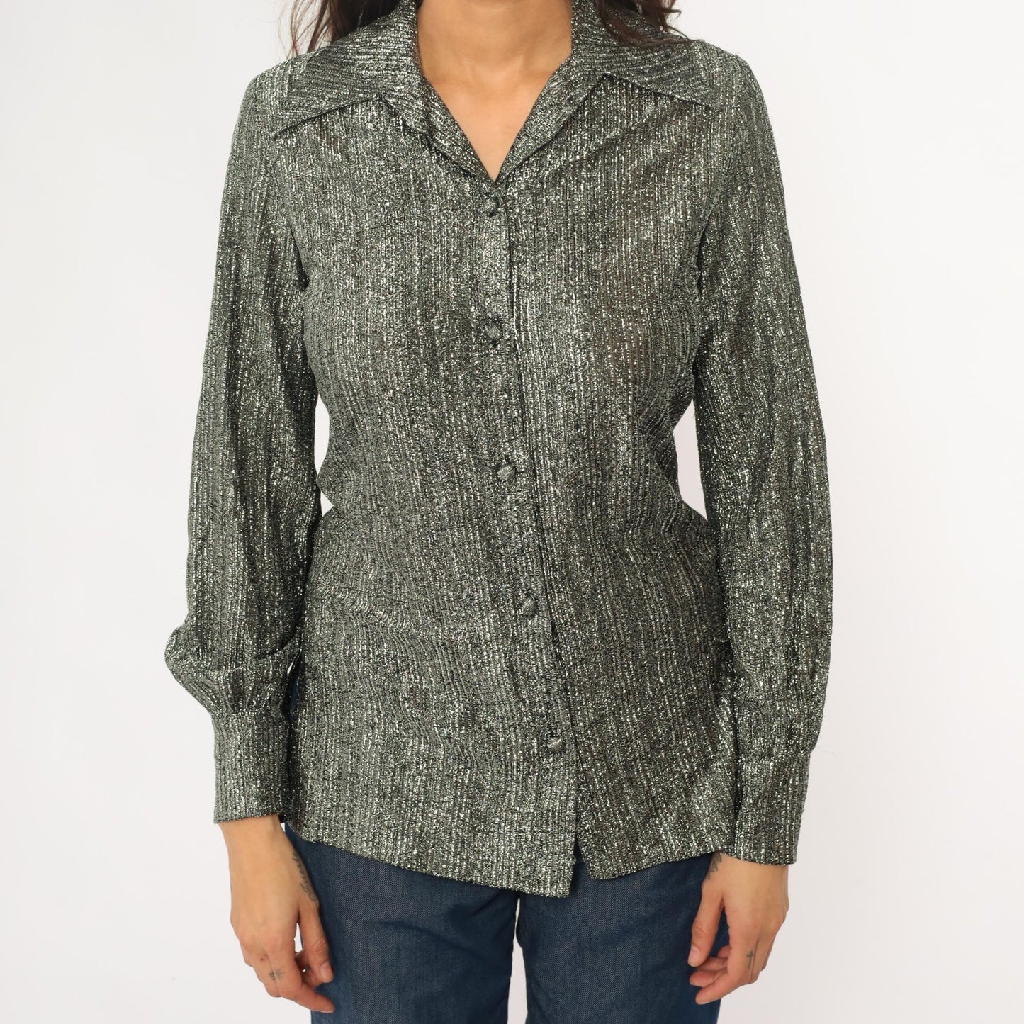 80s Ruth Walter Metallic Silver Blouse Pointed Collar Long Sleeve Small