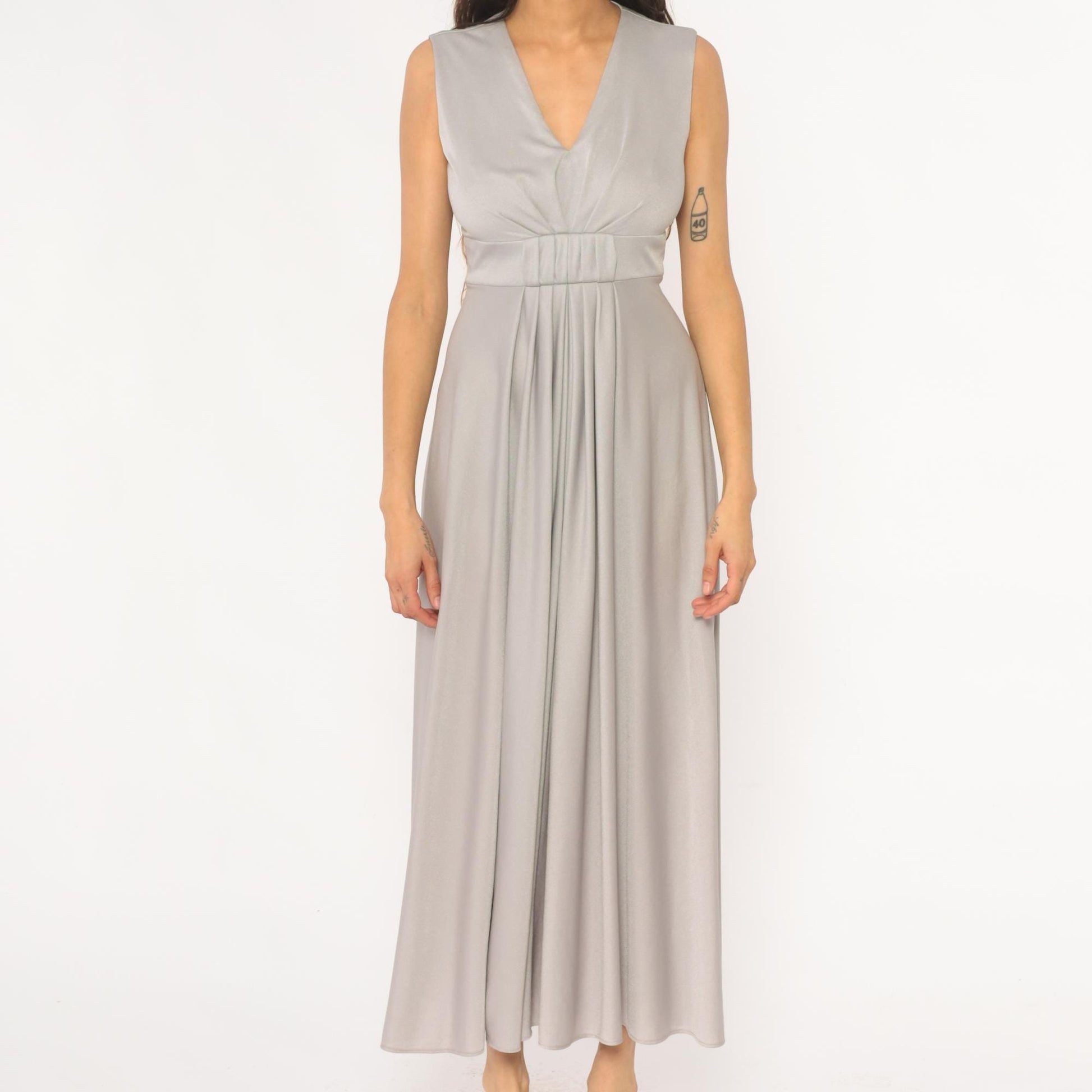 70s Silver Maxi Dress V-Neck Empire Waist Sleeveless Evening Gown Small