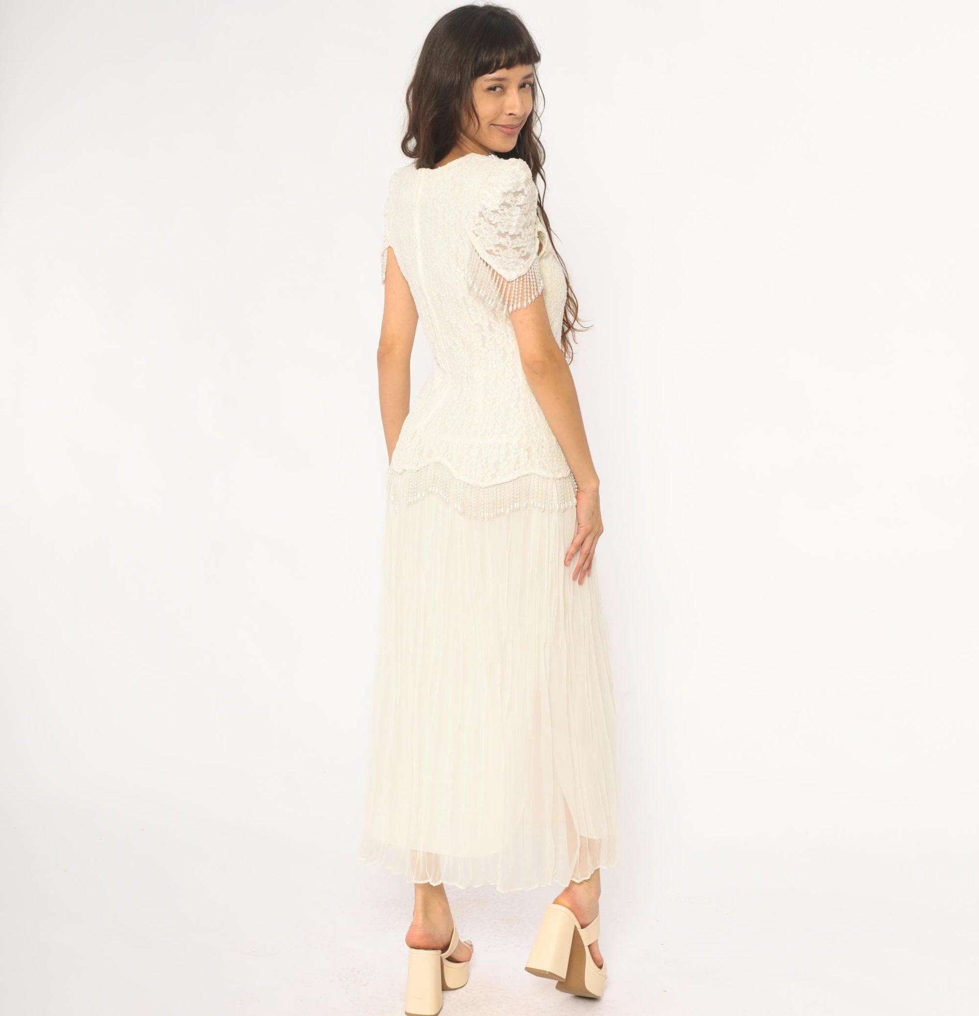 80s Cream Lace Puff Sleeve Dress Beaded Grape Detail Maxi Large L