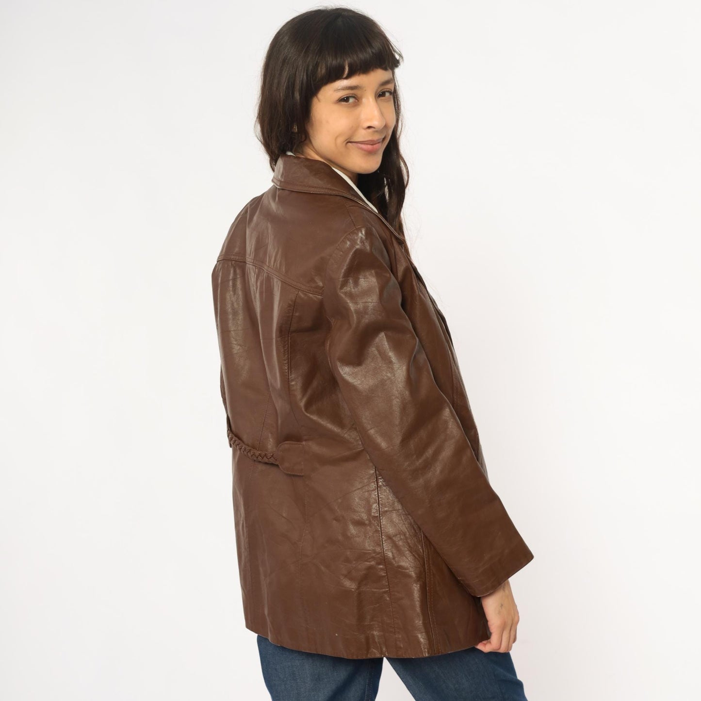 70s Brown Leather Jacket Notched Collar Braided Belt Detail Medium