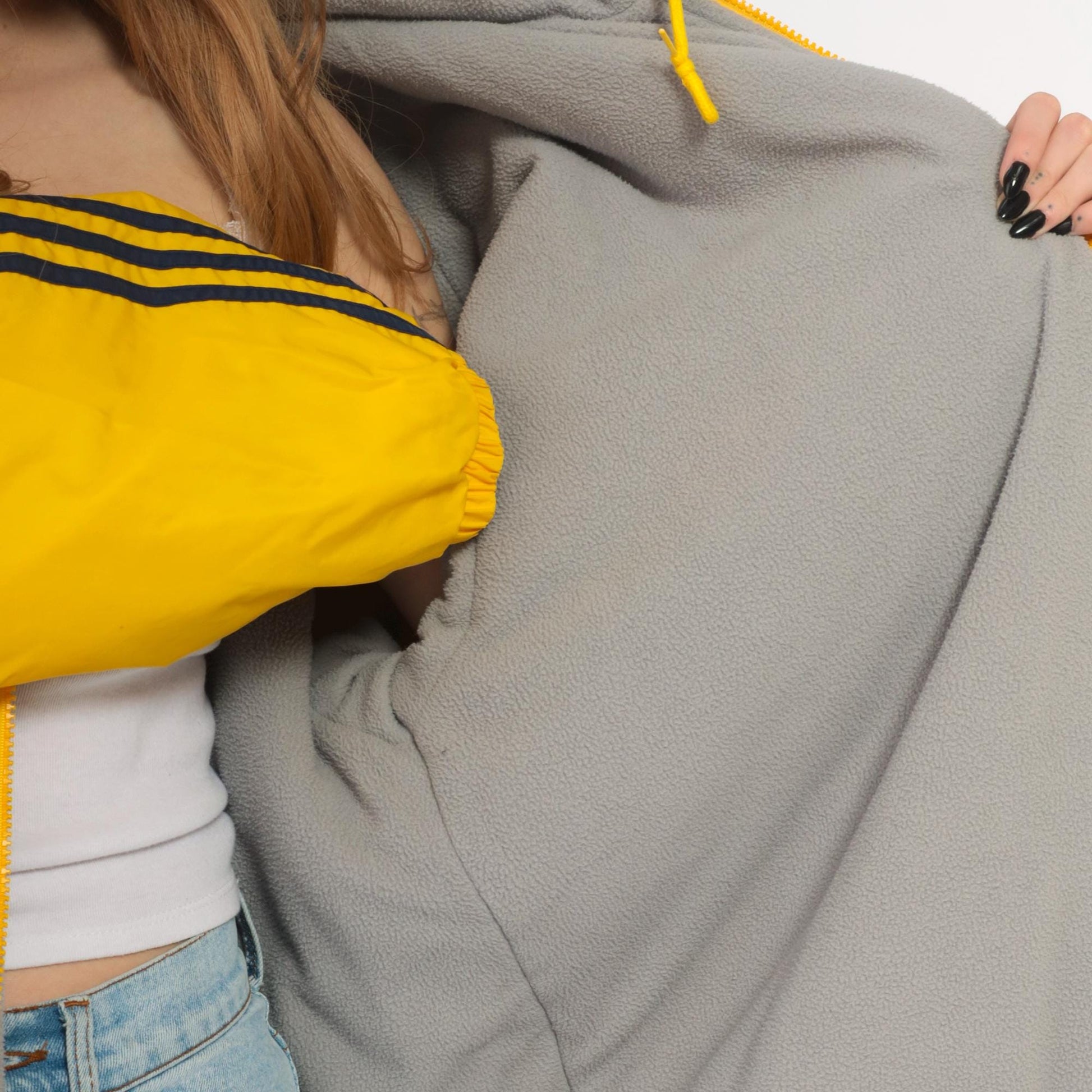 Y2K Adidas Yellow Windbreaker Hooded Jacket Navy Stripe Large L