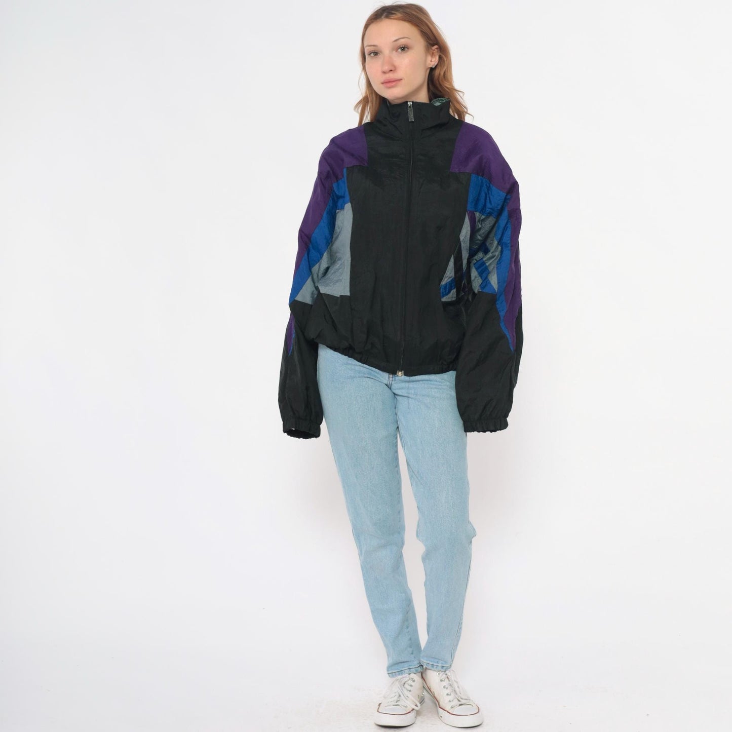 90s Colorblock Windbreaker Black Purple Blue Nylon Jacket Large L