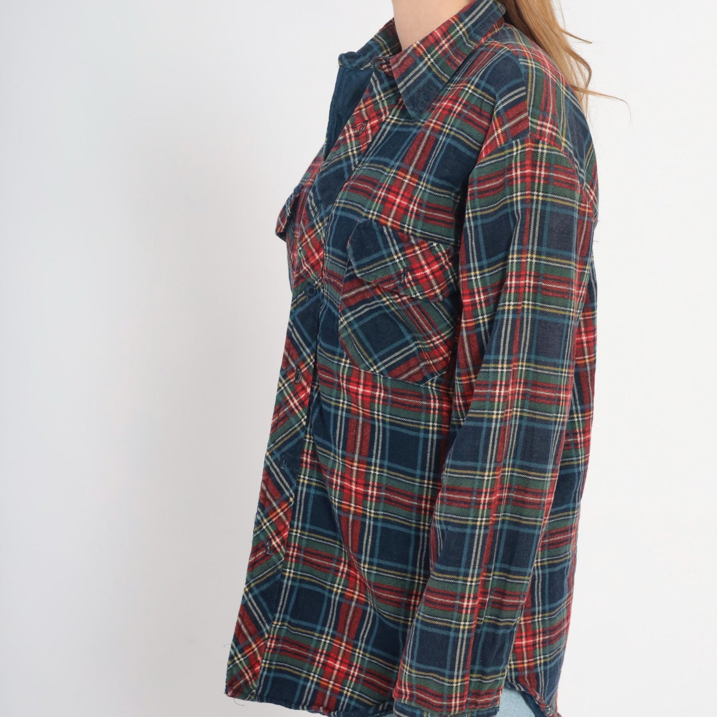 80s Timber Run Plaid Flannel Shirt Navy Red Green Tartan Quilted Medium