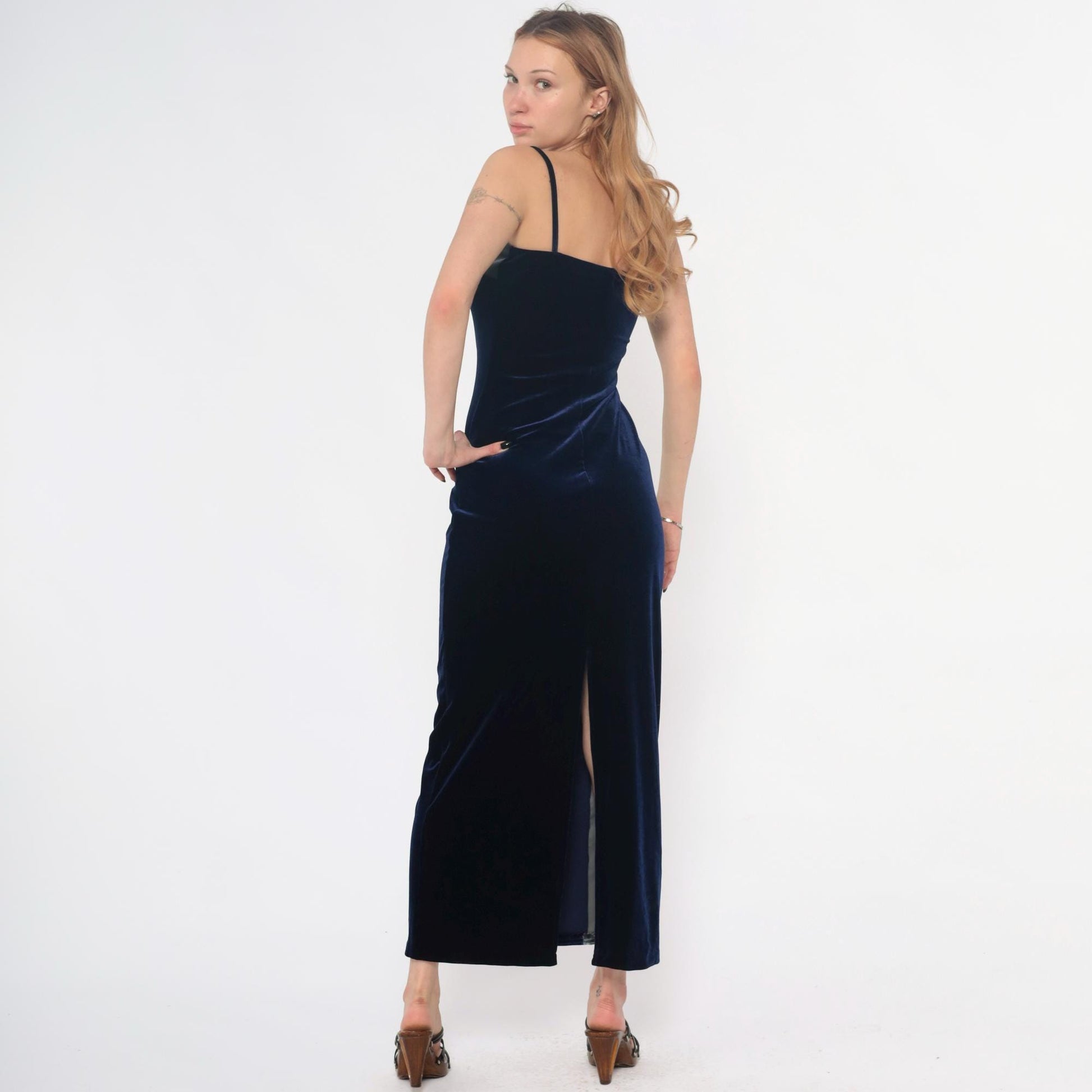 90s Navy Velvet Maxi Dress Spaghetti Strap Column Gold Hardware Medium M