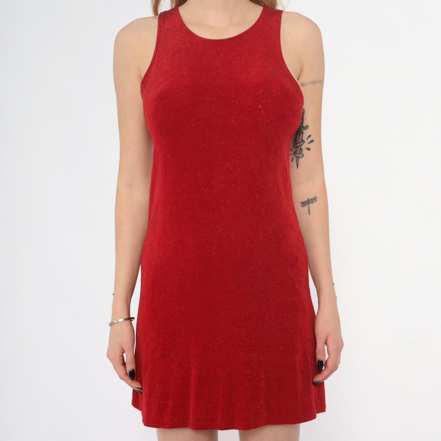 90s Red Sparkle Mini Dress Sleeveless Keyhole Back Small S