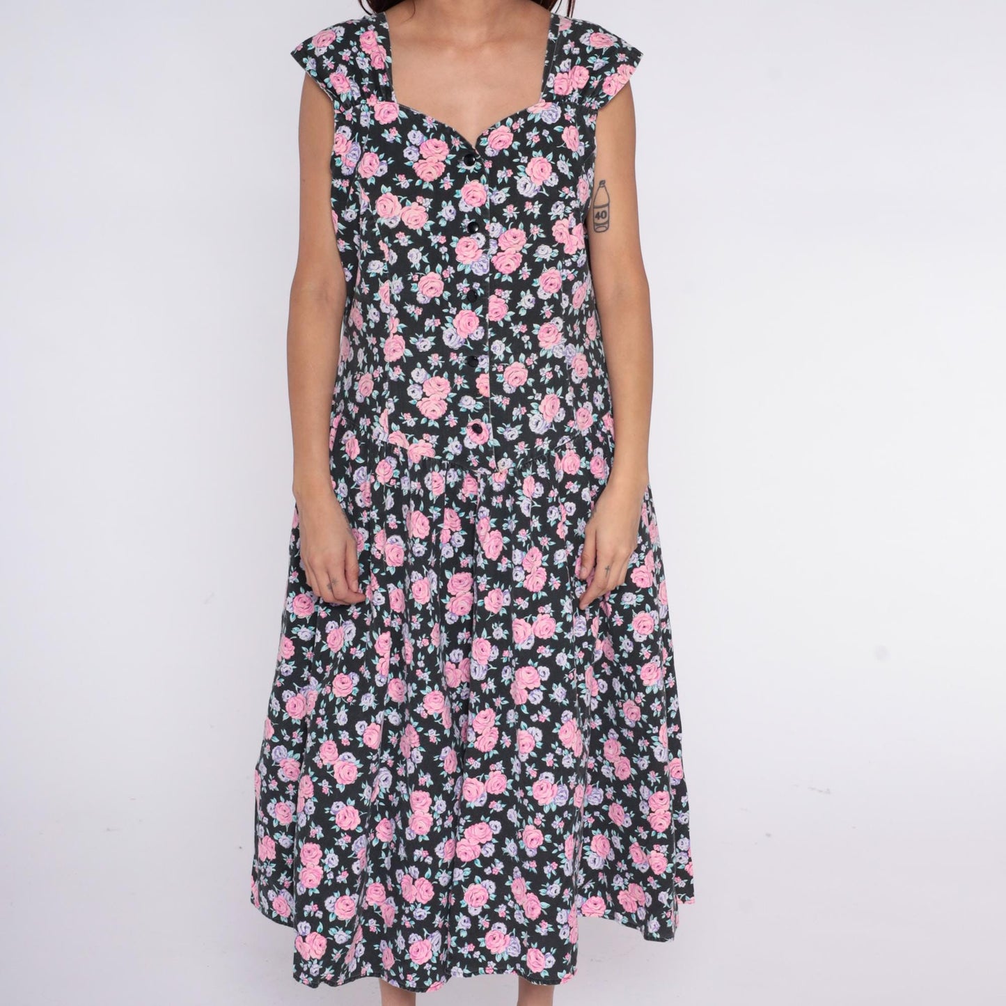 90s Black Floral Midi Dress Pink Rose Lavender Cap Sleeve V-Neck Medium