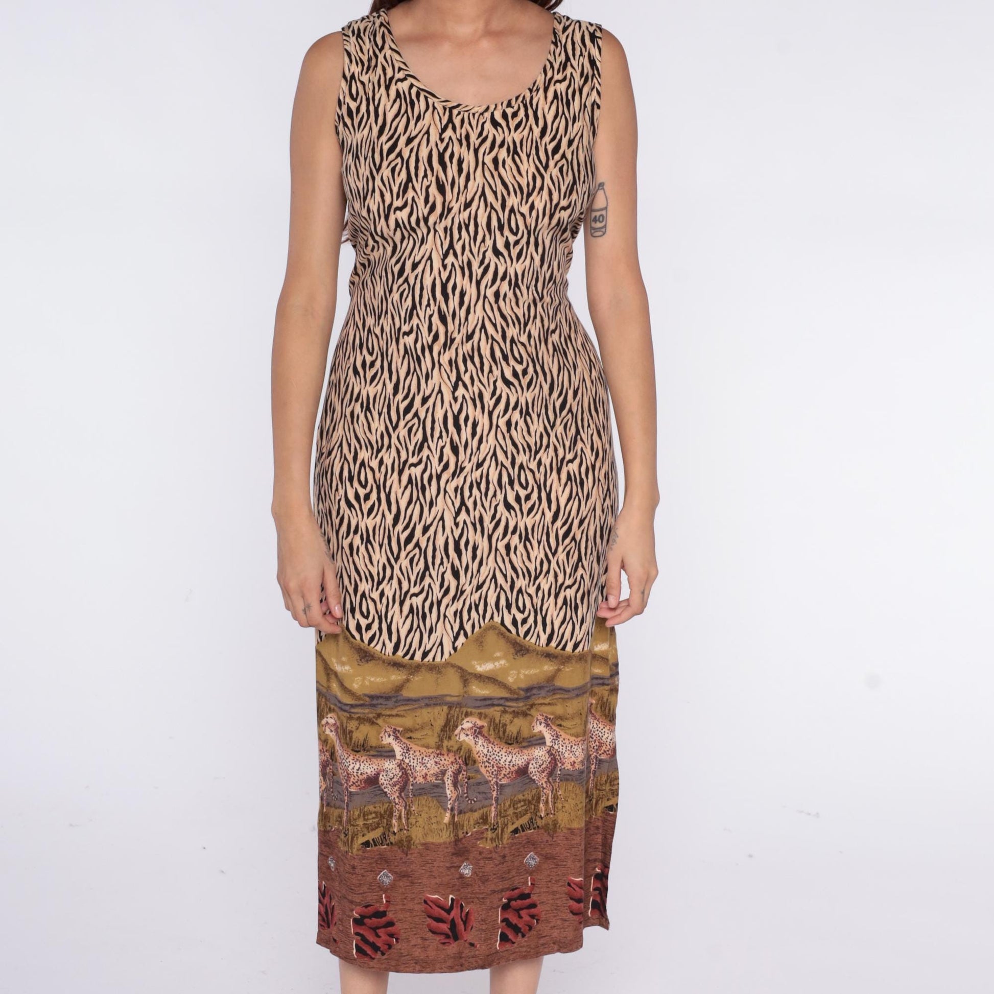 90s California Krush Safari Cheetah Midi Dress Animal Print Cream Medium