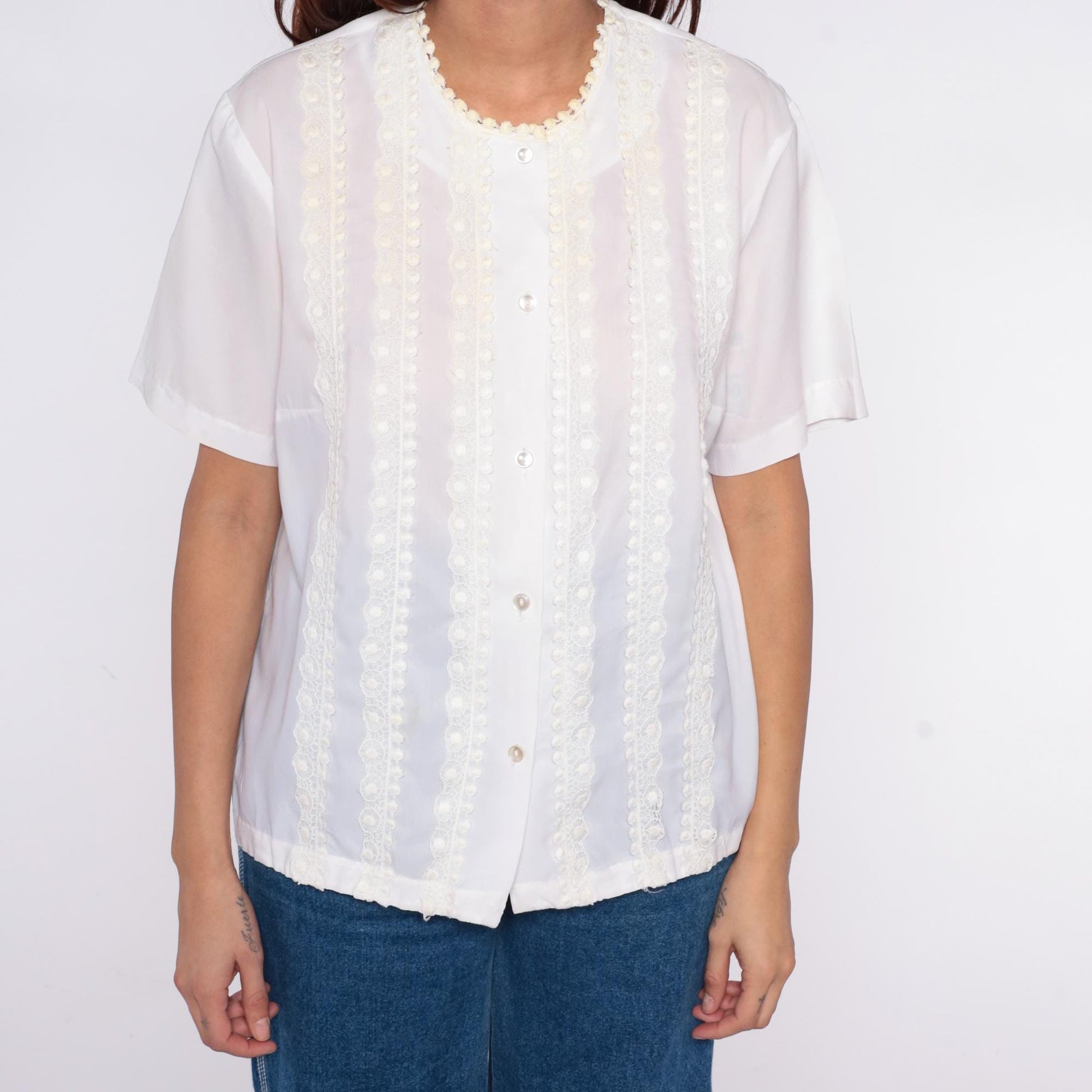 70s La Rose California White Blouse Scalloped Lace Embroidered Button Front Large