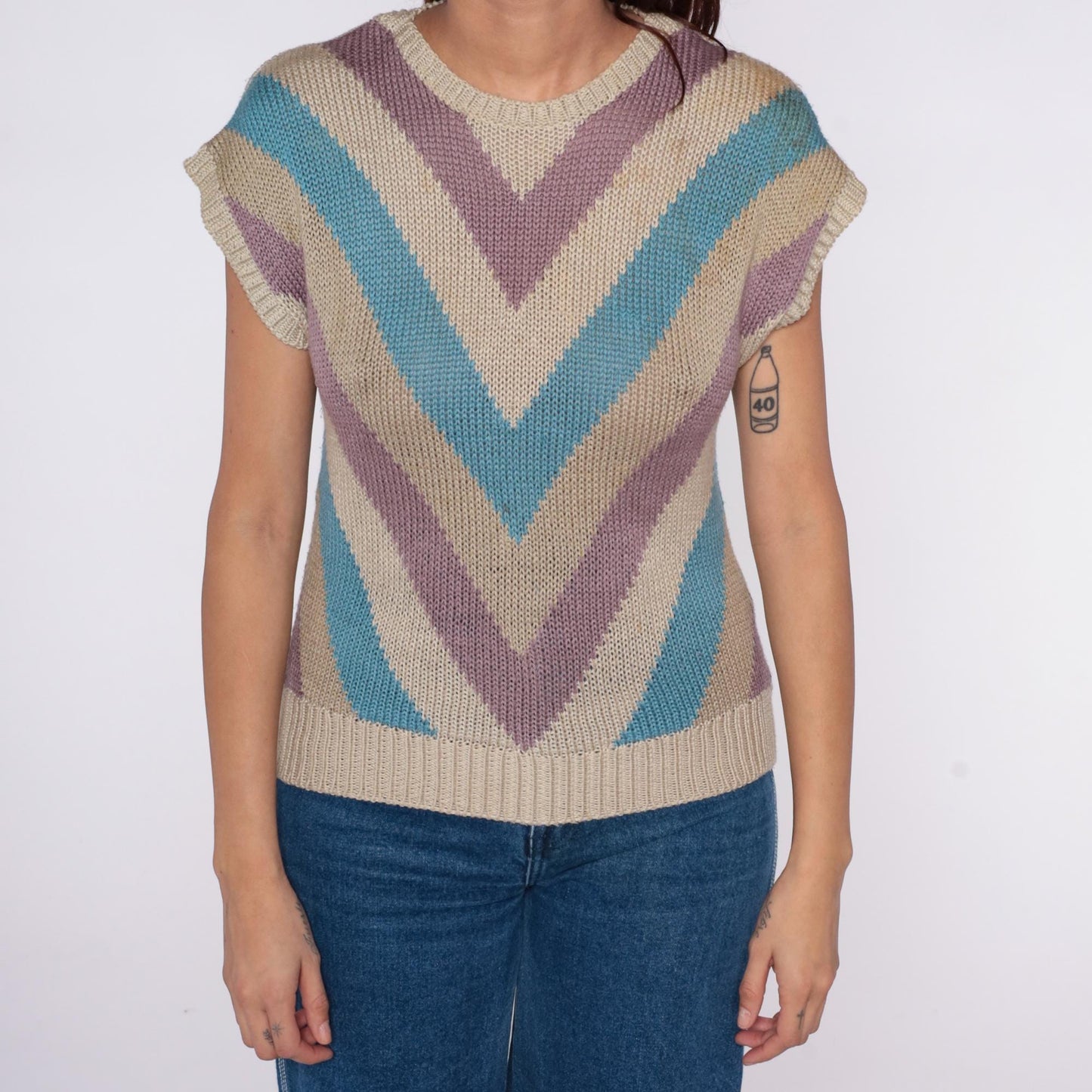 80s Chevron Stripe Knit Sweater Purple Turquoise Cream Short Sleeve Small