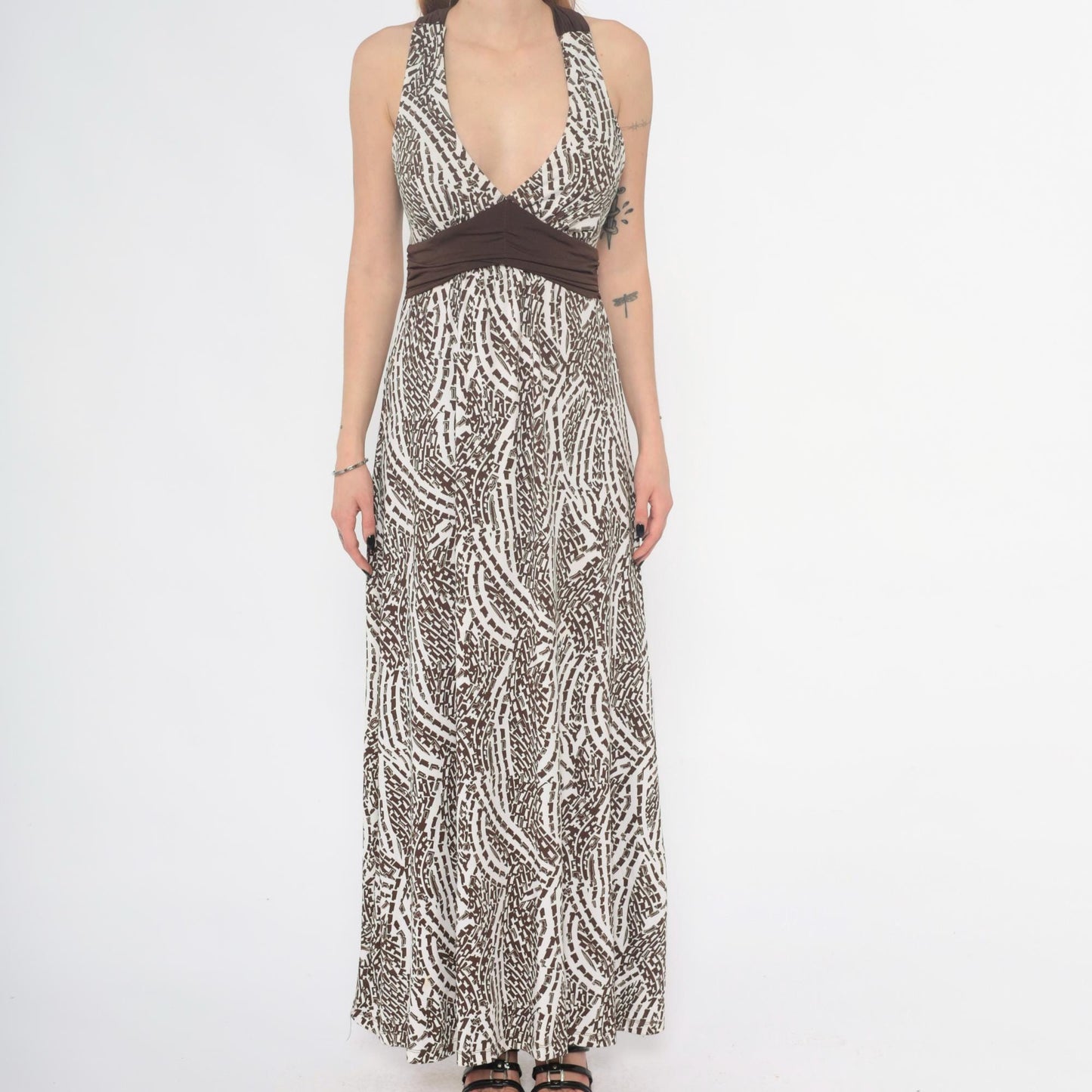 Y2K Hypnotik Halter Maxi Dress Brown Geometric Open Back Medium M